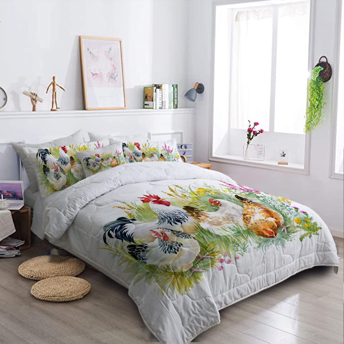 BlessLiving Farmhouse Chicken and Rooster Comforter Set - 8 Piece Full Bed in a Bag with Lightweight Comforter, Sheets, Pillowcases, Shams & Cushion Cover | Shabby Chic Bedding for Country Style Bedrooms, Guest Rooms & Farmhouse Decor