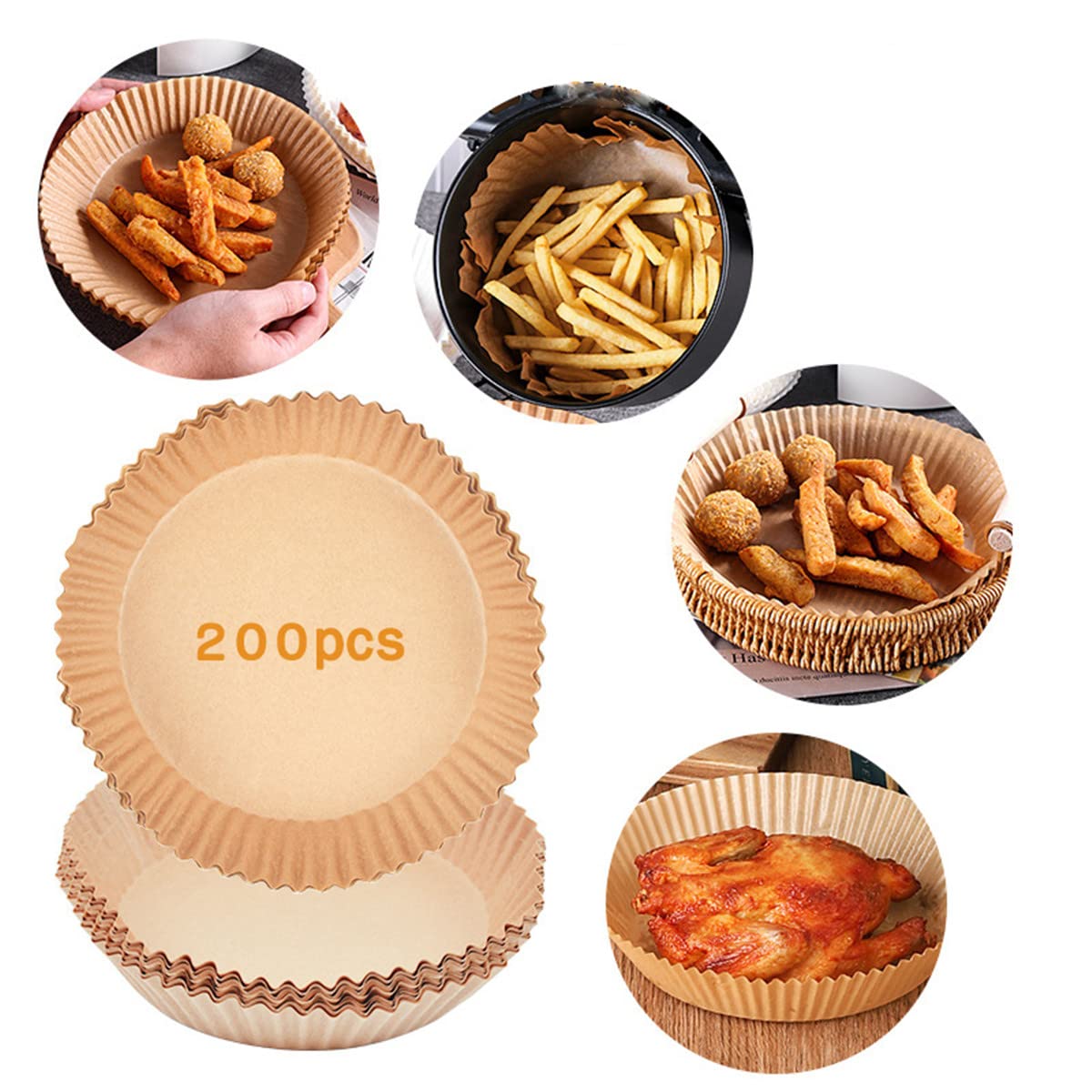 Non-Stick Air Fryer Liners - 200PCS Disposable Round Parchment Baking Paper Sheets | Oil-Proof, Heat Resistant & Food Grade | Keeps Air Fryer & Oven Pans Clean | Perfect for Baking, Roasting & Frying | Natural Unbleached Paper