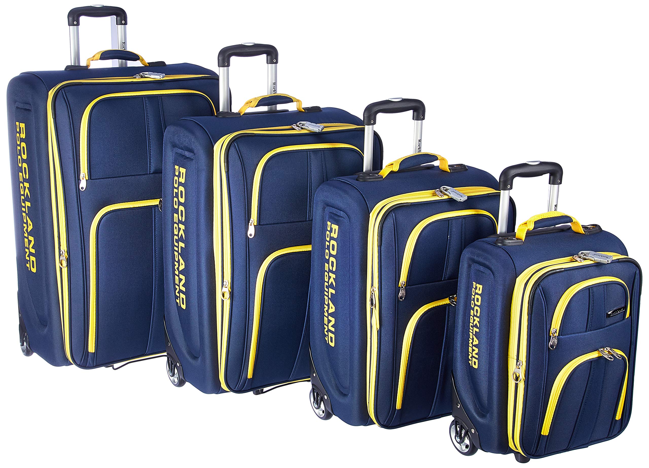 Rockland Polo Equipment Varsity Softside Upright Luggage Set - Navy Blue (18/22/26/30 Inch 4-Piece) | Lightweight Durable Suitcase for Travel, Business Trips & Family Vacations