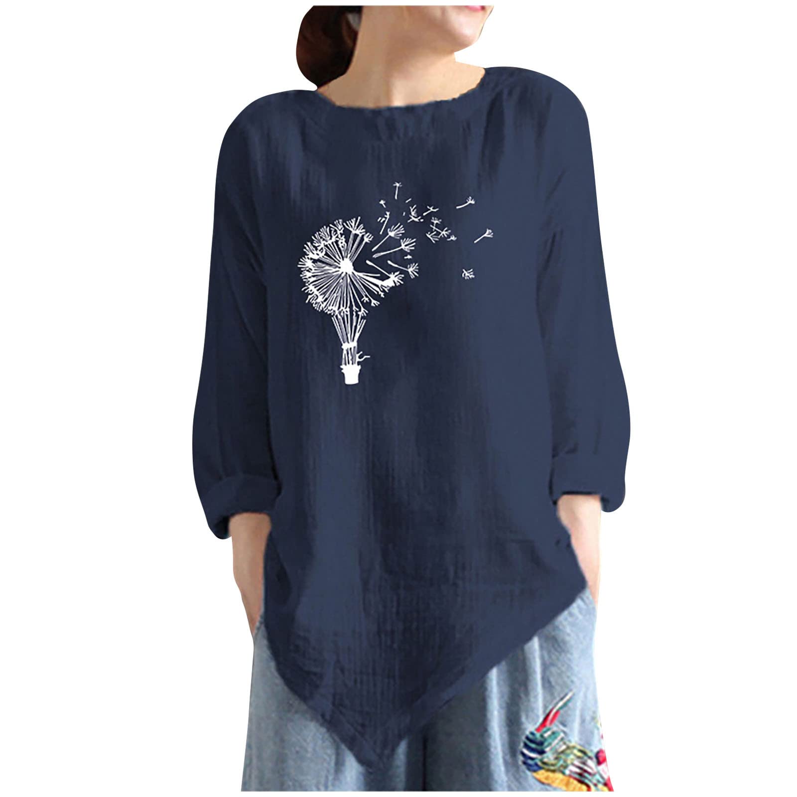 Women's Cotton Linen 3/4 Sleeve Crewneck Tunic Tops - Loose Fit Irregular Hem Sweatshirts for Fall | Casual Wear, Layering & Everyday Comfort