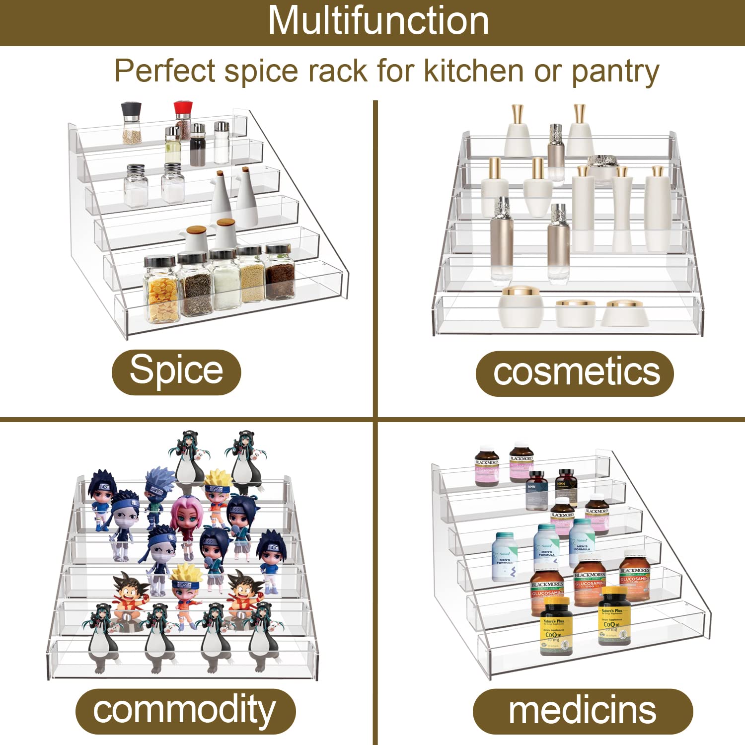 Acrylic Tier Spice Rack Organizer for Kitchen Cabinet - 3-Tier Spice Shelf Storage for Pantry & Countertop | Perfect for Organizing Spices, Condiments & Small Kitchen Essentials