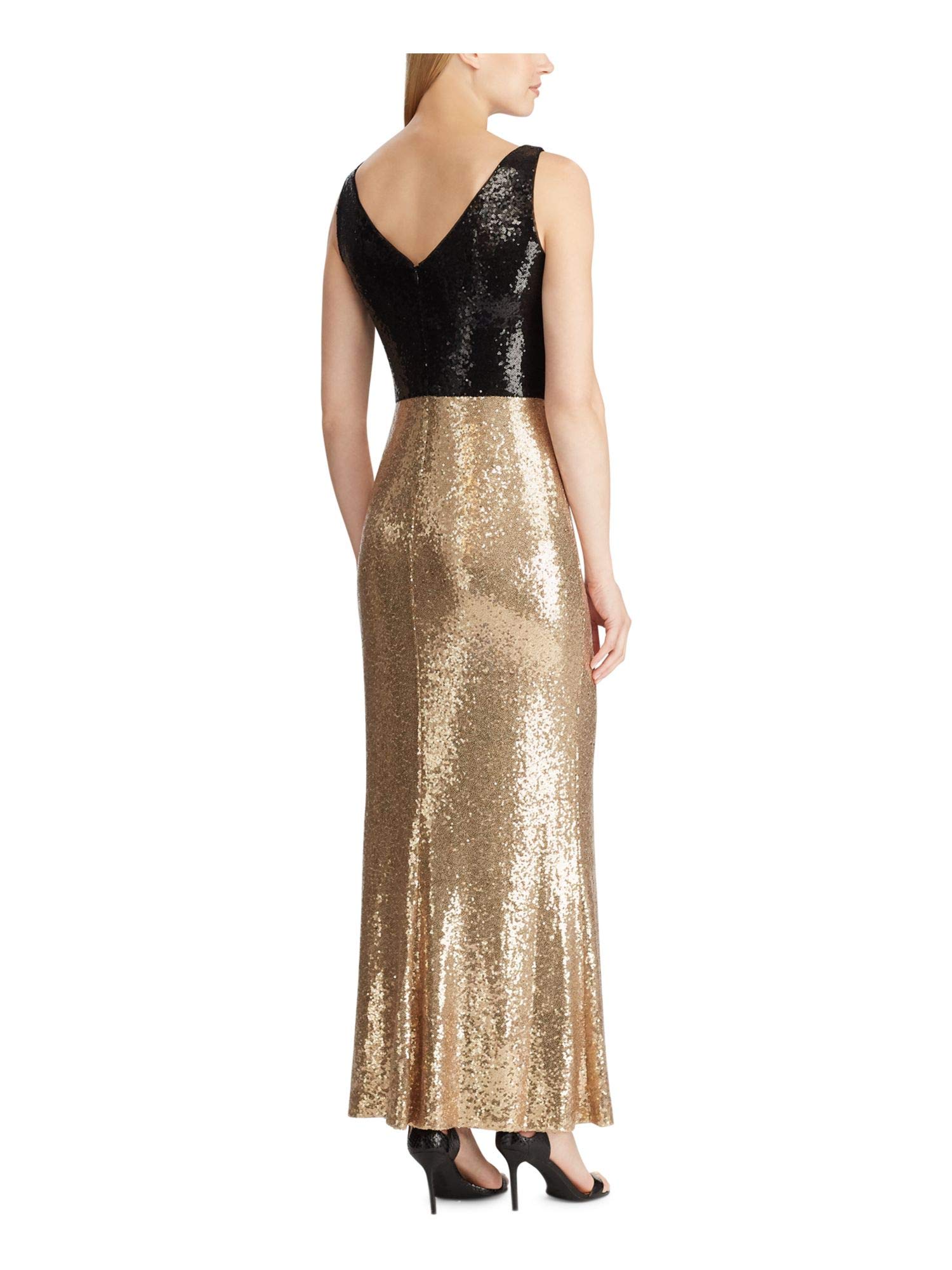 Ralph Lauren Women's Gold Sequined Color Block Sleeveless V-Neck Maxi Sheath Evening Dress - Size 6 | Formal Gala, Cocktail Party, Wedding Guest Outfit