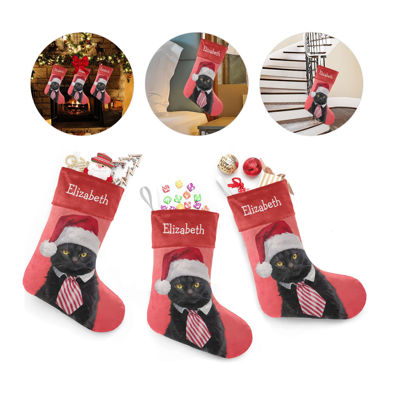 Personalized Black Cat Christmas Stockings with Name - Custom Xmas Gift for Boys, Girls & Pets (17.52 x 7.87 Inch) - Perfect for Holiday Decor, Fireplace Mantel & Christmas Gift Exchange