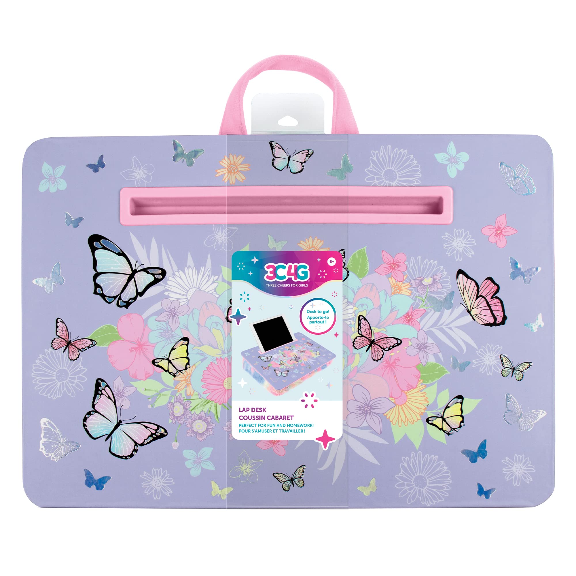 **3C4G THREE CHEERS FOR GIRLS Butterfly Lap Desk for Kids - Large Cushioned Laptop Tray with Storage for Tables, Pens & More - Perfect for Car Rides, Homework, and Bedroom Use**
