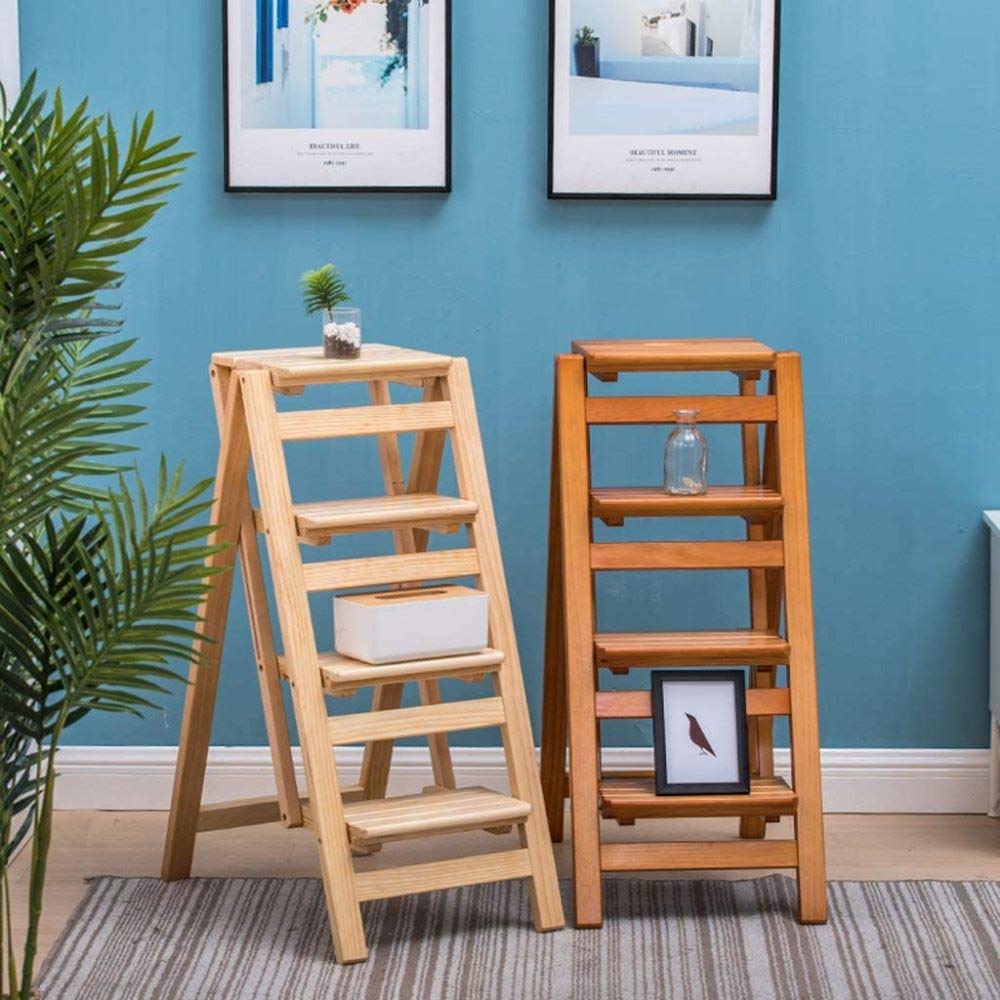 Solid Wood Folding Step Stool with 4 Safety Bars & Wide Pedal - Multifunctional Ladder for Home, Kitchen, Library (42×87×92cm) - Perfect as Footrest, Climbing Aid, and Storage Access
