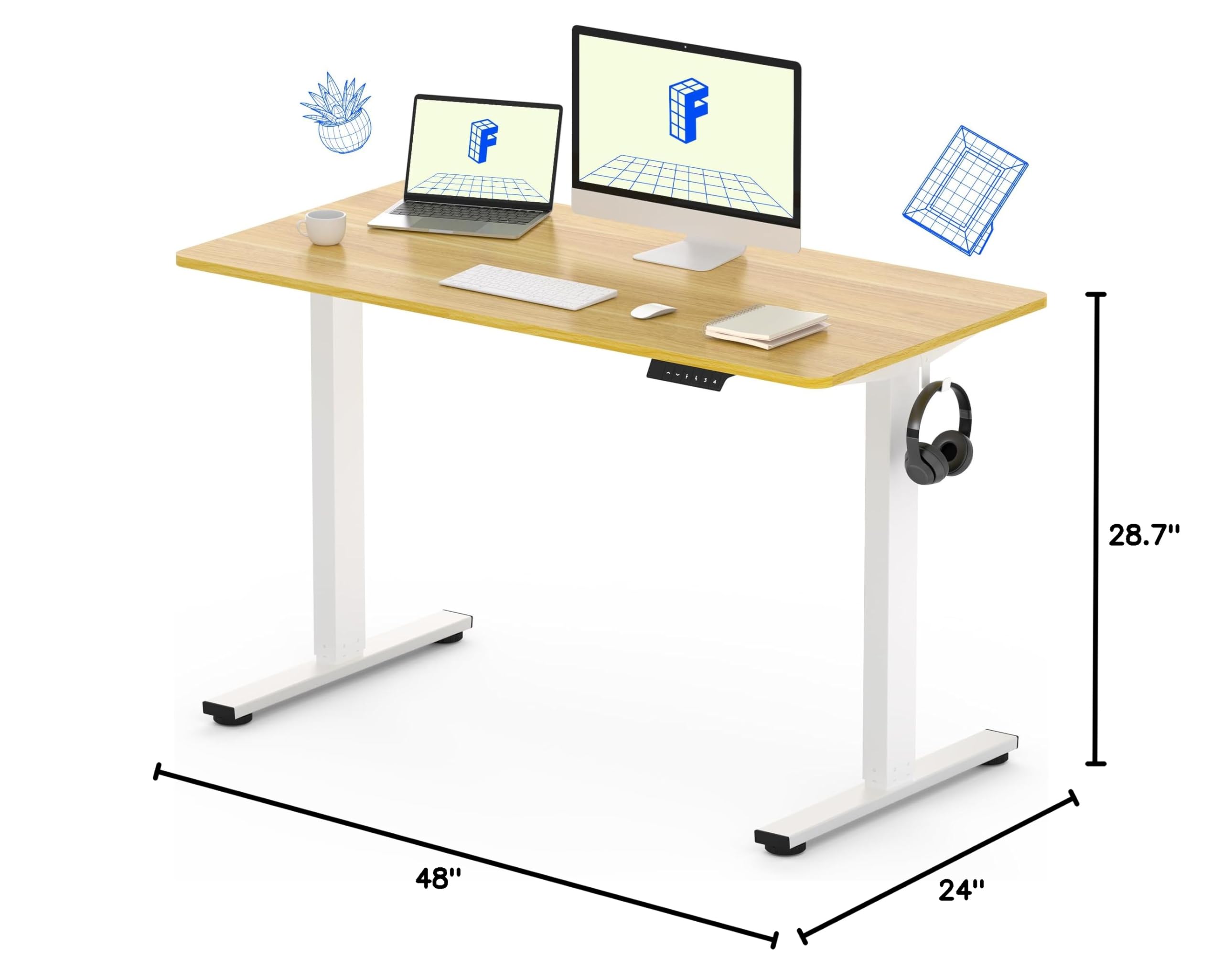 FLEXISPOT EN1 Electric Height Adjustable Standing Desk 48 x 24 Inches, Maple Top & White Frame - Ergonomic Home Office Desk for Computer & Laptop Work, Gaming & Study Setup