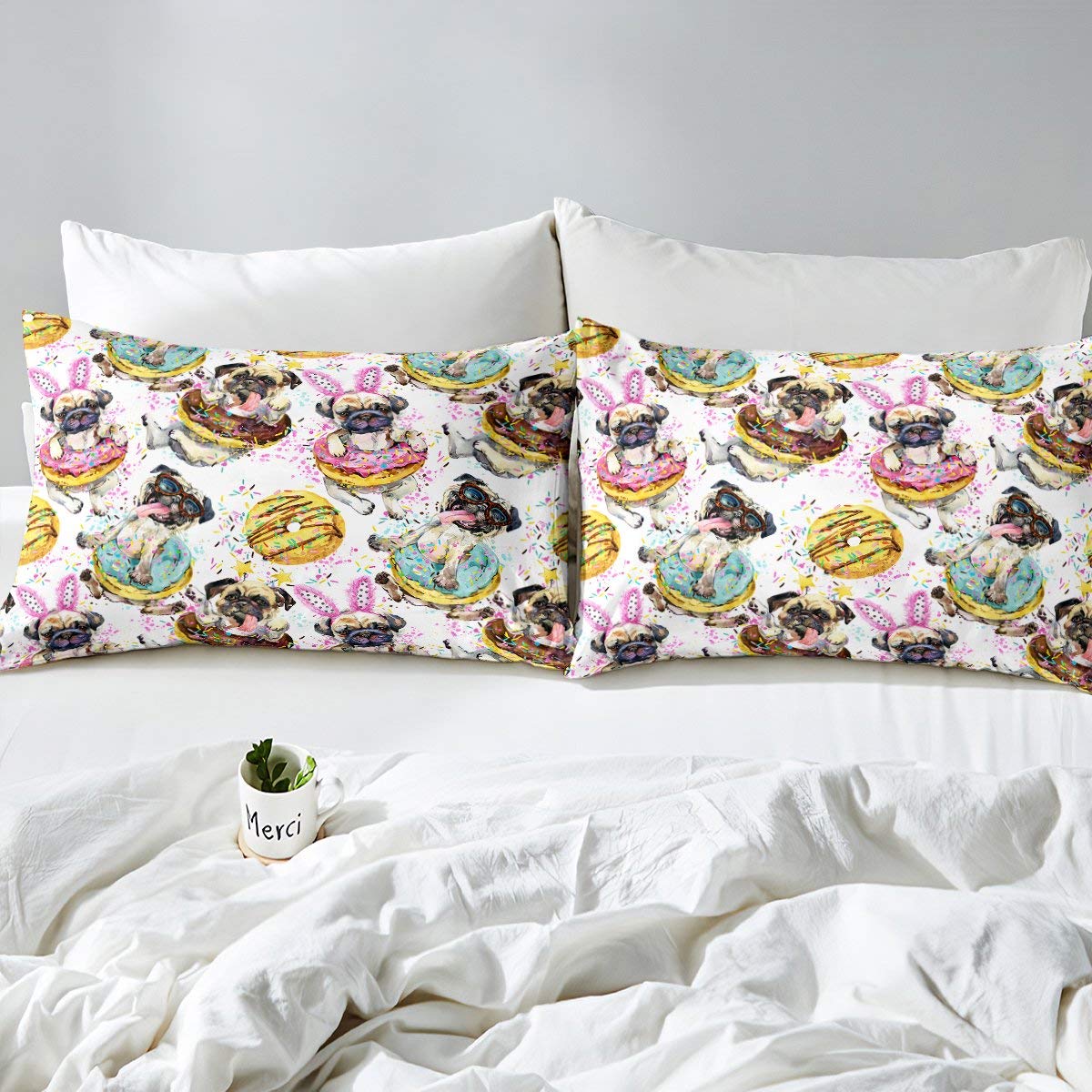 **Erosebridal Dog Bedding Set - Deep Pocket Dessert Donuts Fitted Sheet for Kids, Boys & Girls - Cute Puppy Twin XL Sheet Set with Pug Animal Confetti (2-Piece Set, 1 Pillowcase, No Flat Sheet) - Perfect for Kids' Rooms, Themed Bedrooms & Pet Lovers**