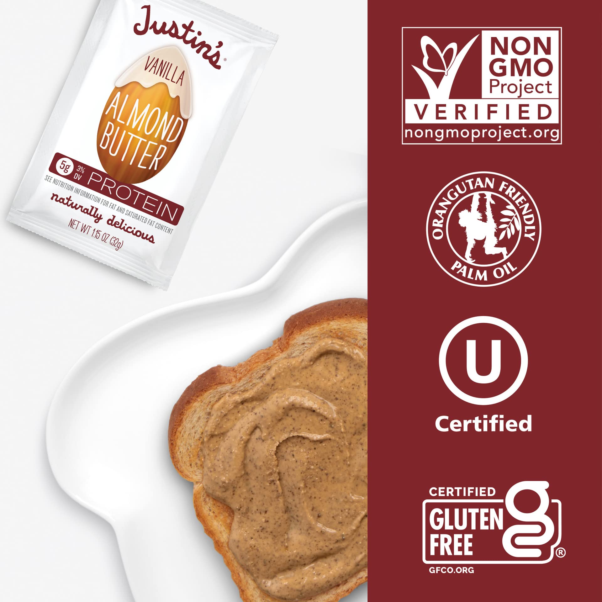 Justin's Gluten-Free Vanilla Almond Butter Squeeze Packs, 1.15 oz (10 Pack) | Healthy Snack for On-the-Go, Hiking, Lunch Boxes & Keto Diet