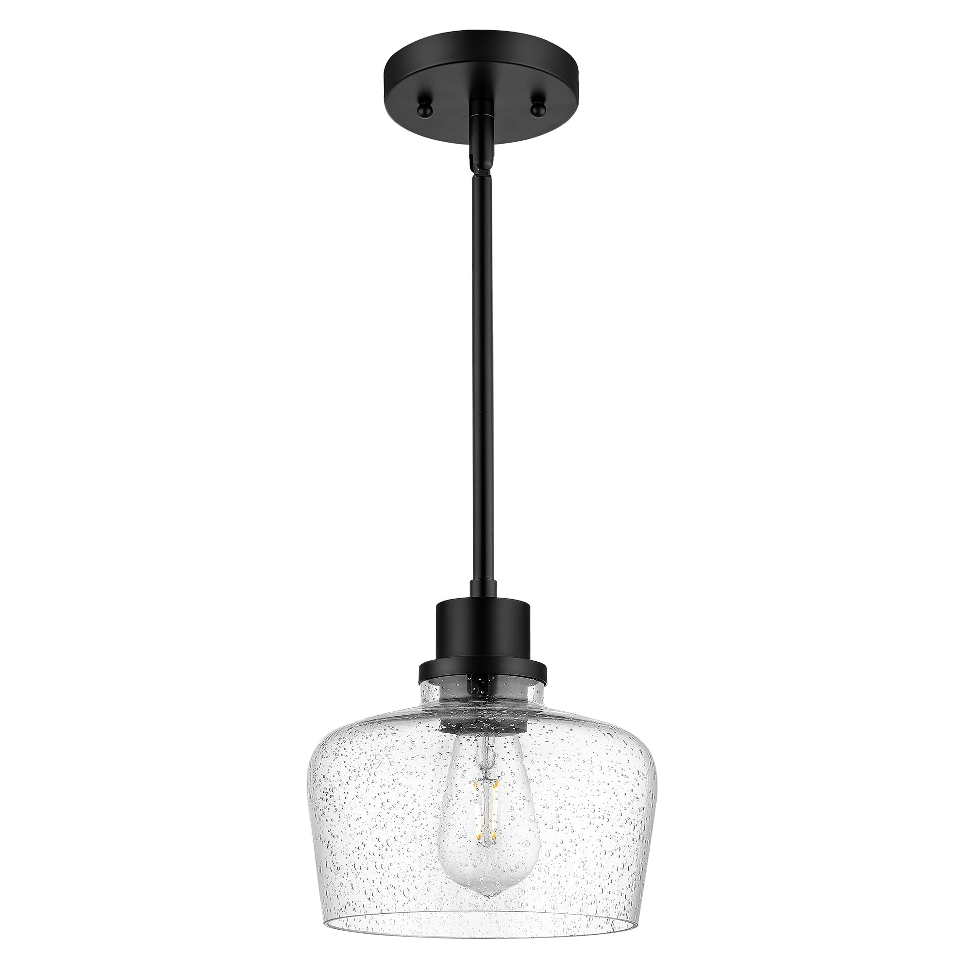 Emak Modern Farmhouse Black Pendant Light Fixture with Seeded Glass Shade - 8 Inch Hanging Light for Kitchen Island, Dining Room, Bathroom & Bedroom | Rustic Industrial Lighting for Home Decor