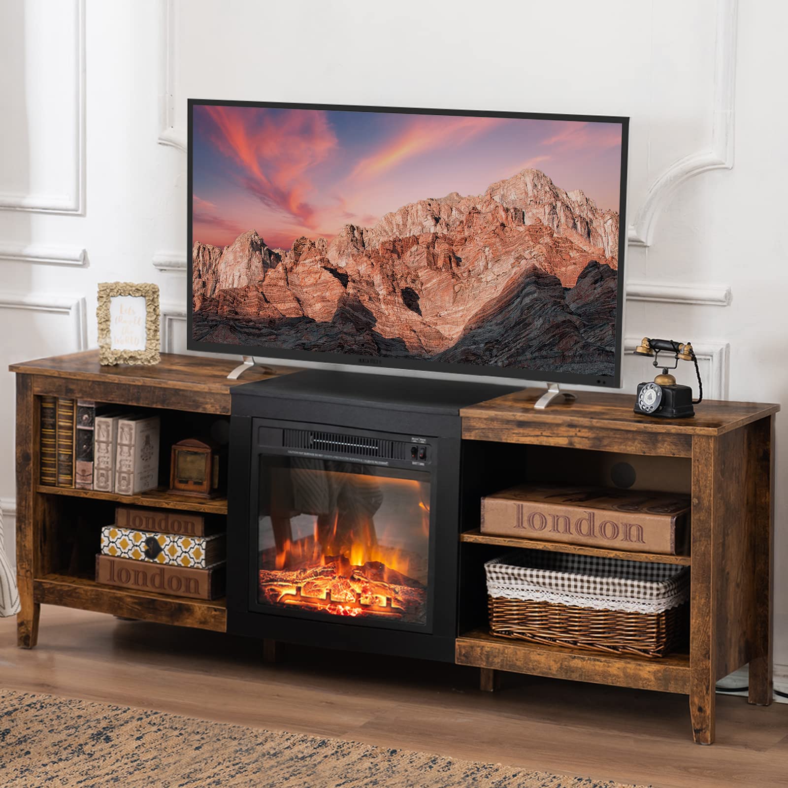Industrial TV Stand for 70 Inch TV with Electric Fireplace - Farmhouse Entertainment Center with Storage, Rustic Brown Console Table for Living Room, Bedroom & Home Theater Setup