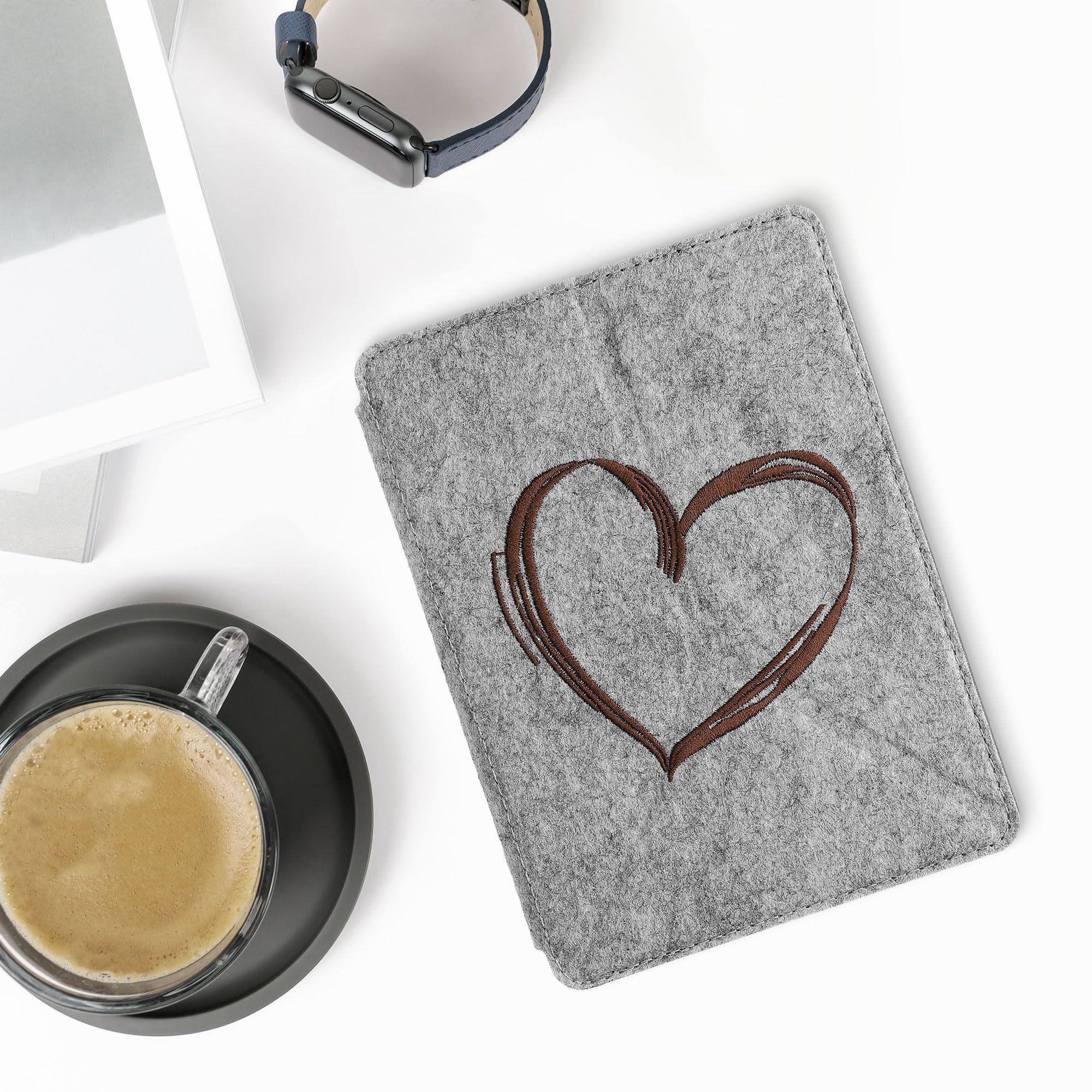 Premium Felt Origami Case for Amazon Kindle Paperwhite 11th Gen (2021) - Protective Stand Cover in Dark Brown with Brushed Heart Design - Perfect for Reading, Travel & Home Use