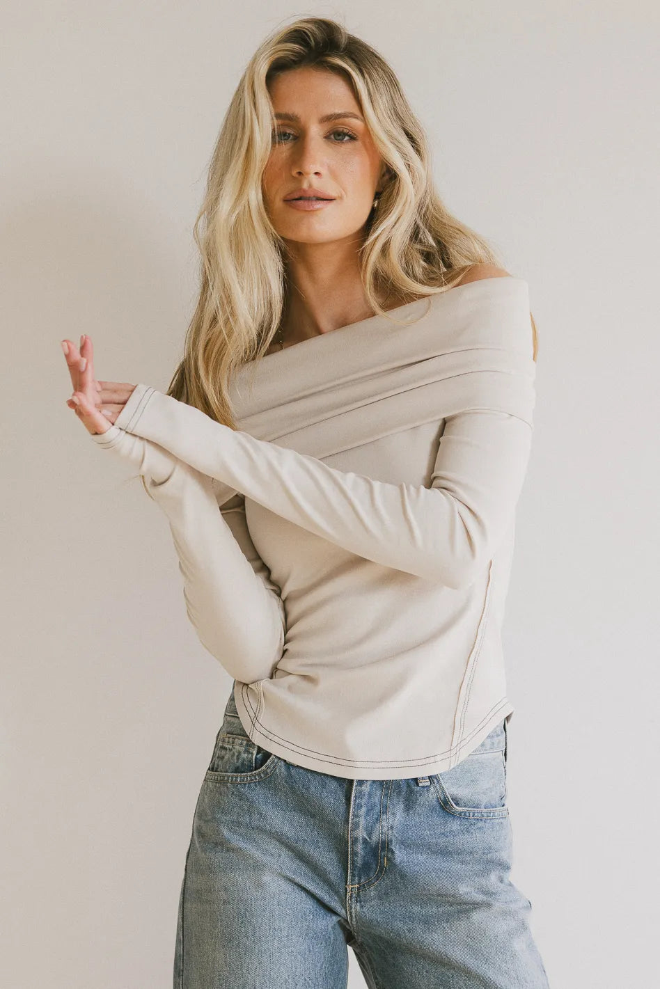 Jessica Bardot Women's Elegant Bone-Colored Blouse - Perfect for Office Wear, Casual Outfits & Special Occasions