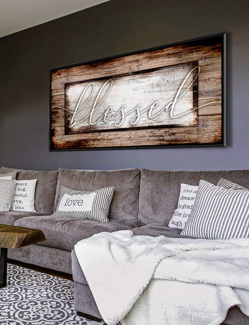 Blessed Sign Religious Wall Decor - Christian Framed Canvas Art with Floating Frame (42x19 Inches, Brown & Black) - Perfect for Living Room, Bedroom & Church Décor