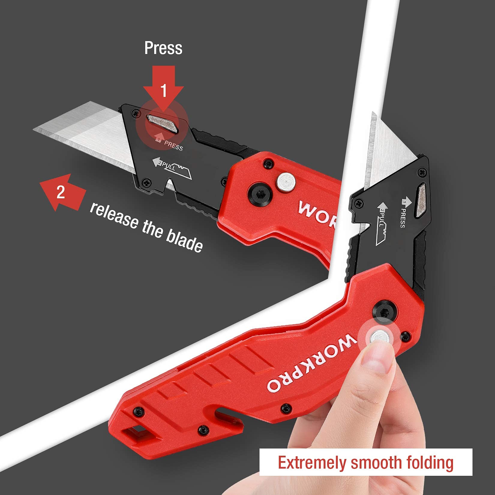 WORKPRO 100-Pack SK5 Utility Knife Blades & Folding Utility Knife (Red) - Heavy Duty Replacement Blades for Box Cutting, Crafting, Construction, and DIY Projects