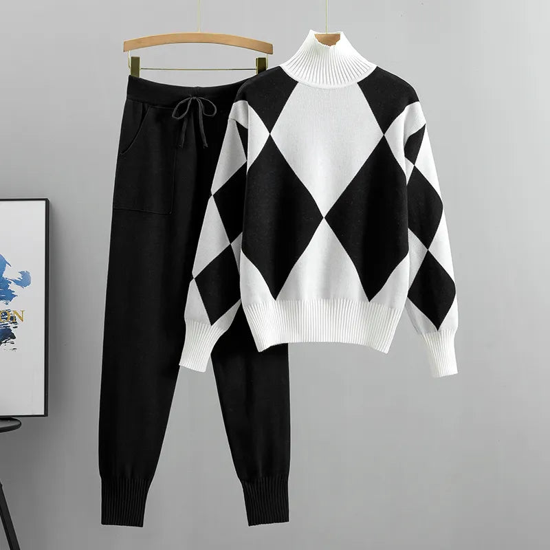 Women's Geometric Knit Sweater & Pants Set - Soft Thick Winter Pullover & Long Pants Casual Outfit (2PC Tracksuit) - Perfect for Autumn Winter Fashion, Lounge Wear & Casual Outings