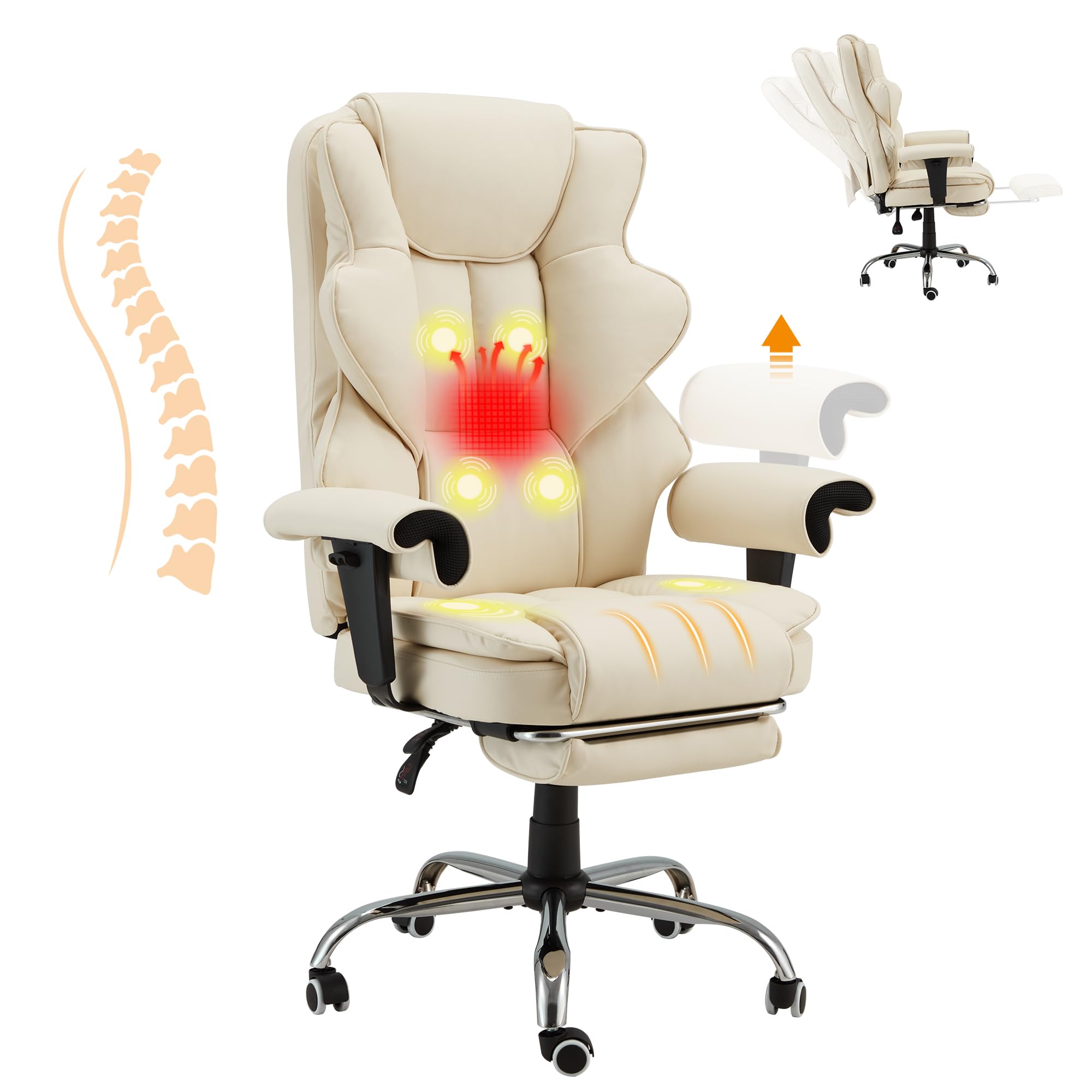 HOMREST 6-Point Massage Executive Office Chair with Heating - Ergonomic Leather Computer Desk Chair, Adjustable Armrests, Retractable Footrest & Reclining Function (Off White) - Perfect for Home Office, Gaming & Workspaces