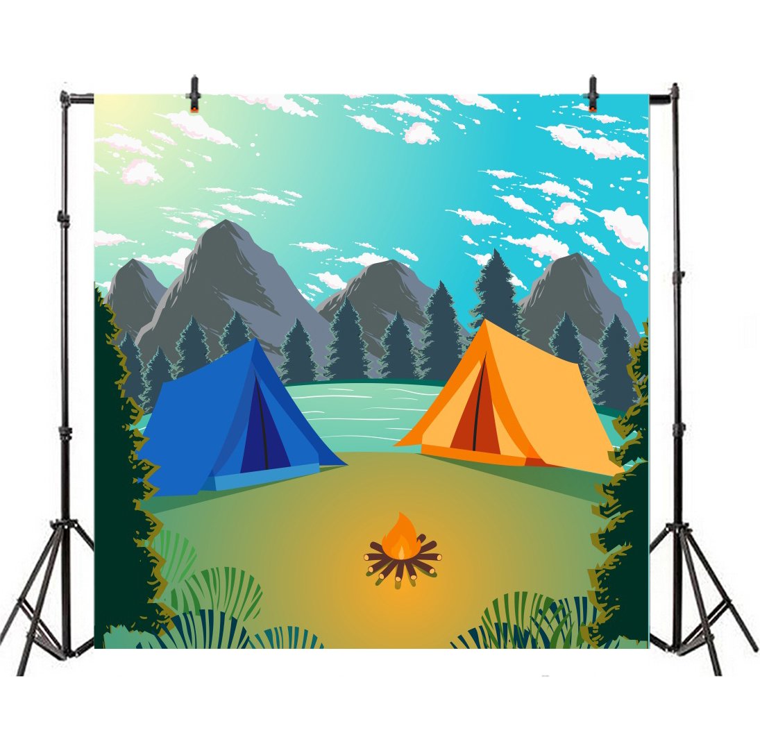 Yeele 7x7ft Cartoon Summer Camping Backdrop - Lakeside Tent Photography Background for Boys & Girls Portrait Photo Booth - Perfect for Birthday Parties, Baby Showers, and Studio Props