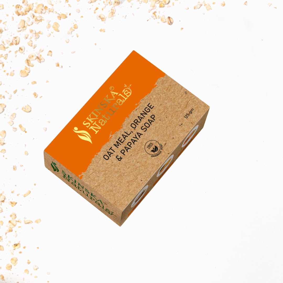 SKINSKA NATURALS Oatmeal, Orange & Papaya Vegan Bar Soap - Moisturizing & Brightening for Glowing Skin, Helps with Acne & Dark Spots - Gentle Face & Body Cleanser for Men & Women (125g) - Perfect for Daily Skincare Routine & Sensitive Skin Care