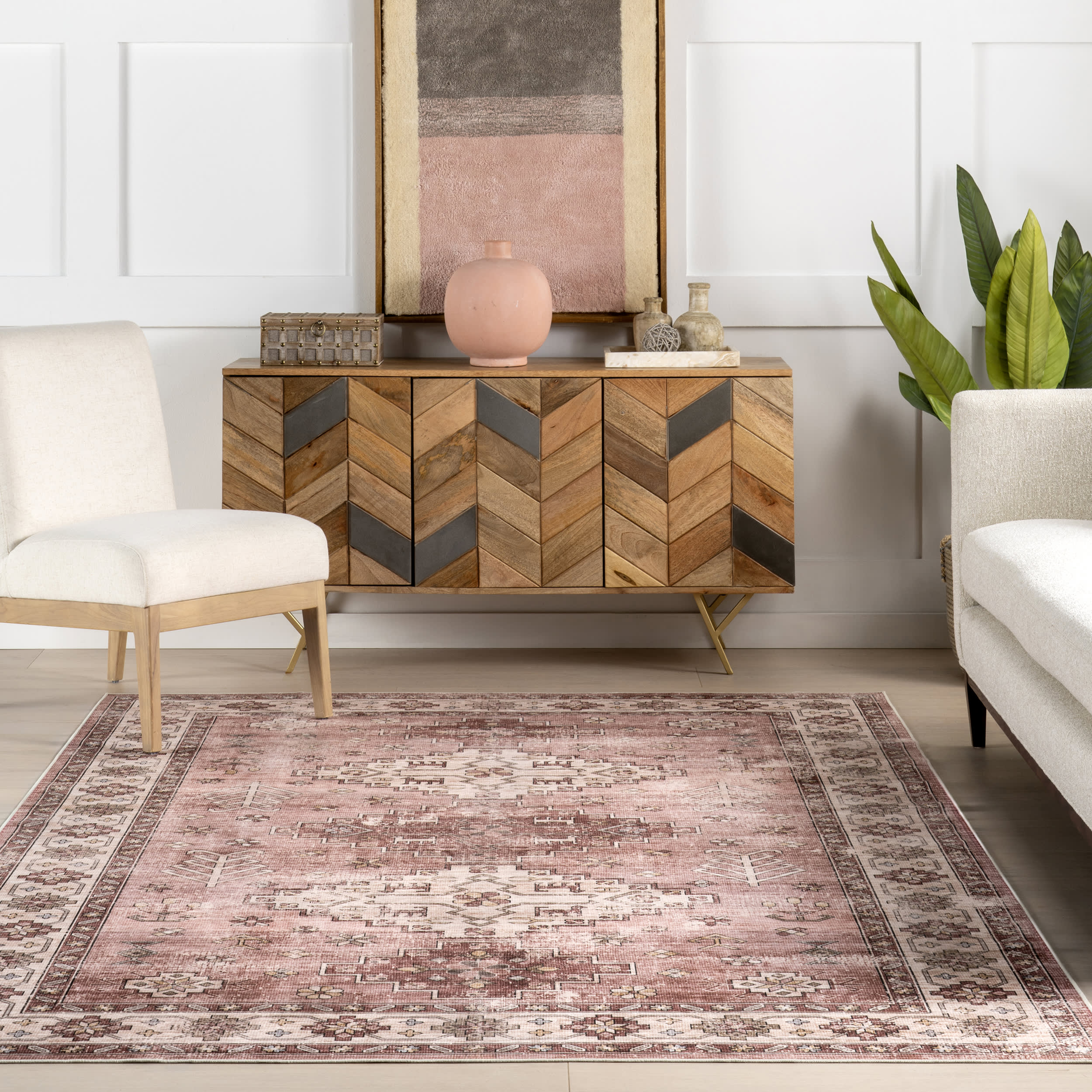 Barbary Distressed Spill Proof Washable Rug - Soft & Durable Non-Slip Area Rug for Living Room, Bedroom, Kitchen | Blush Pink Boho Chic Decor | Perfect for High Traffic Areas & Pet Friendly Homes