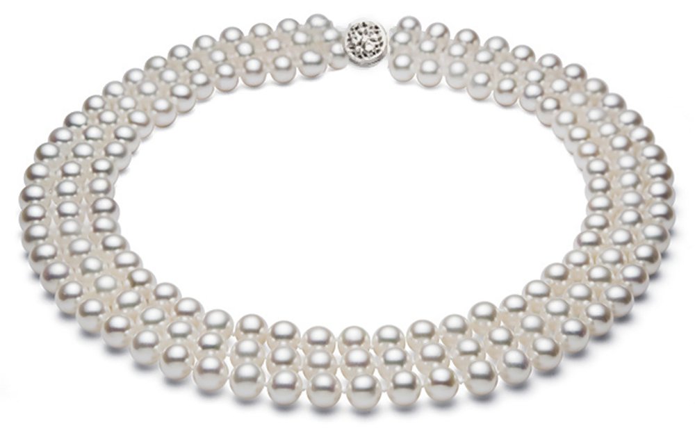 AAA Quality Sterling Silver Triple Strand White Freshwater Pearl Necklace for Women | Elegant Bridal Jewelry, Wedding Gift, Anniversary Present