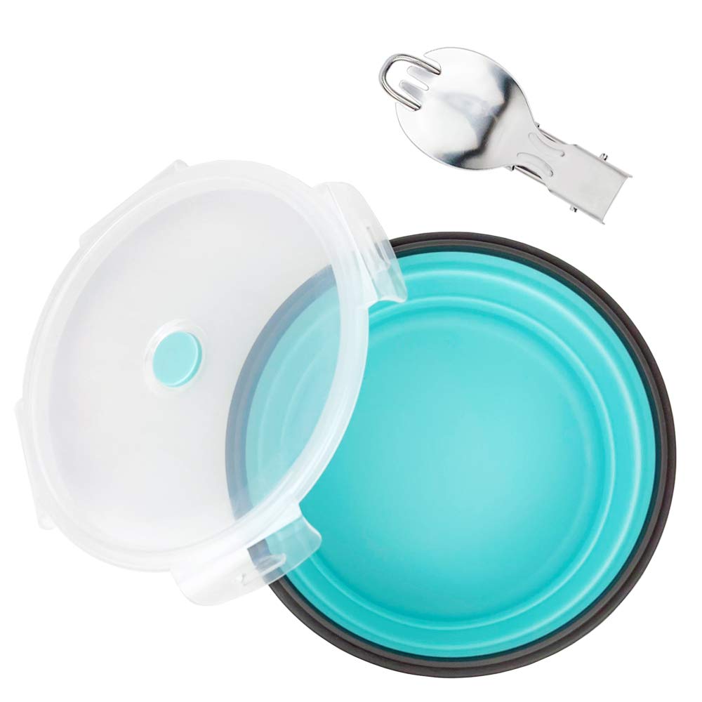 CCyanzi 1200ml Collapsible Silicone Camping Bowl with Lid - Foldable Stainless Steel Fork & Spoon Included - Microwave, Fridge & Dishwasher Safe - Perfect for Camping, Hiking, Picnics, RV Trips & Outdoor Adventures