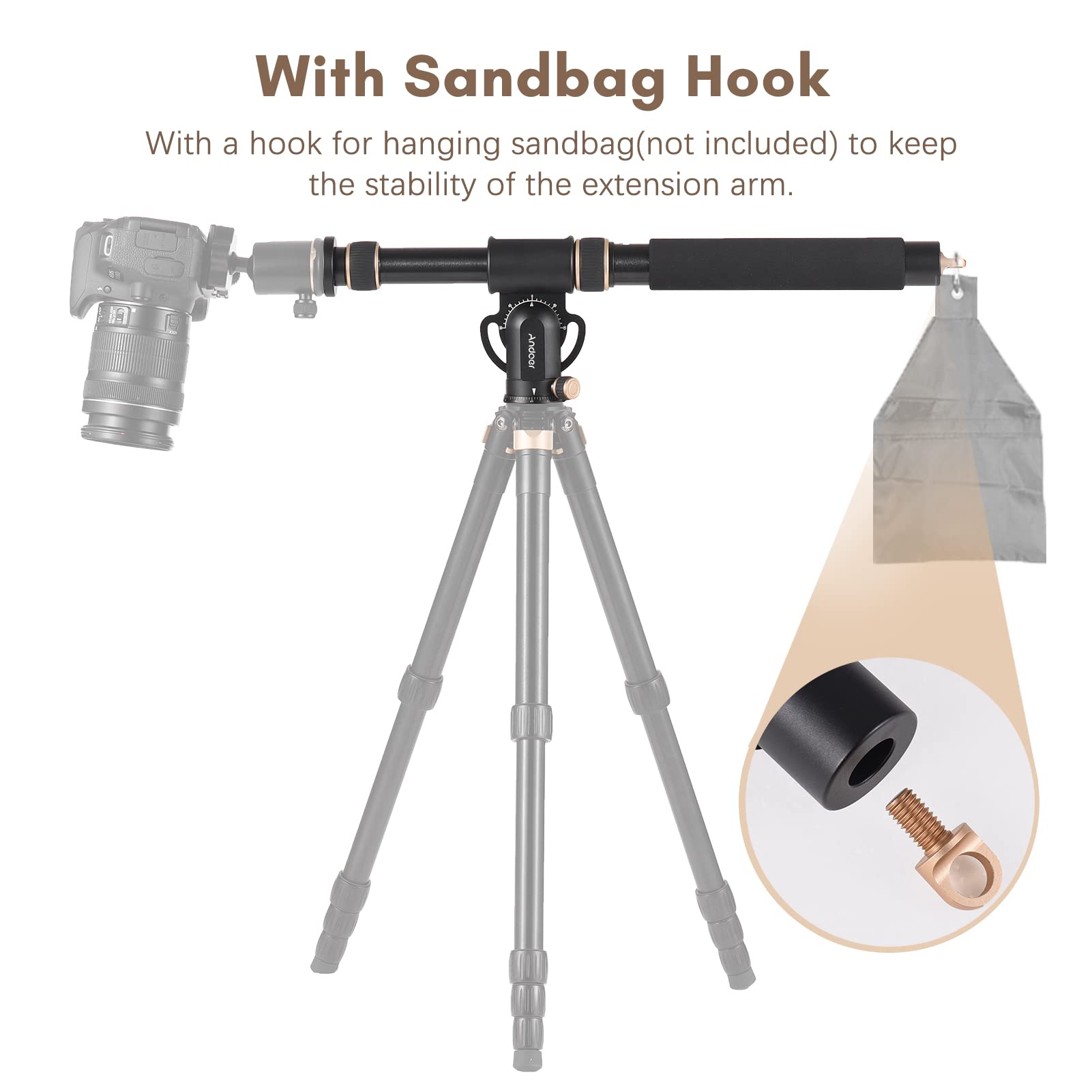 Andoer Universal Tripod Extension Arm - 48-106cm Aluminum Alloy Detachable Extender with 360° Rotatable Base & 5kg Load Capacity | Horizontal Centre Column for DSLR Camera, Video Lighting, Microphone Boom Arm | Perfect for Photography, Videography, Live Streaming & Studio Setup