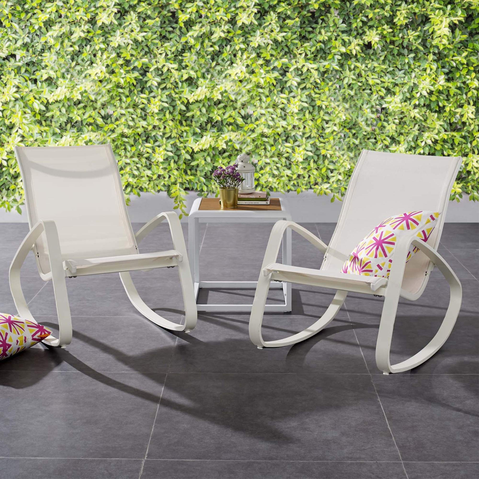 Modern Outdoor Rocking Lounge Chair Set of 2 - All-Weather Textilene Mesh Sling Patio Furniture for Backyard, Poolside & Garden Relaxation - White