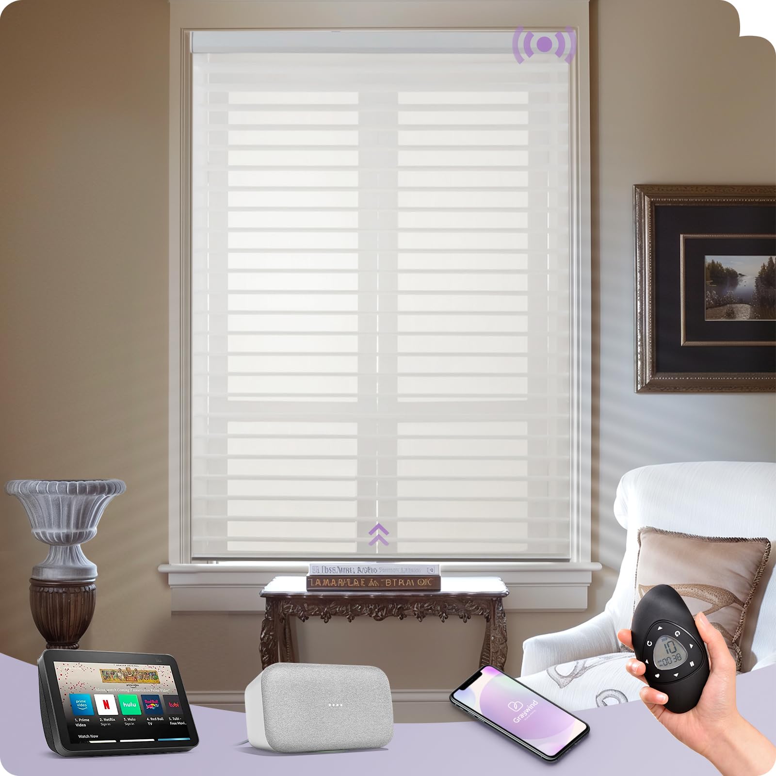 Graywind Motorized Smart Blinds - Alexa & Google Home Compatible, Rechargeable, Light Filtering, Privacy Shades with Valance, Custom Size (2.56