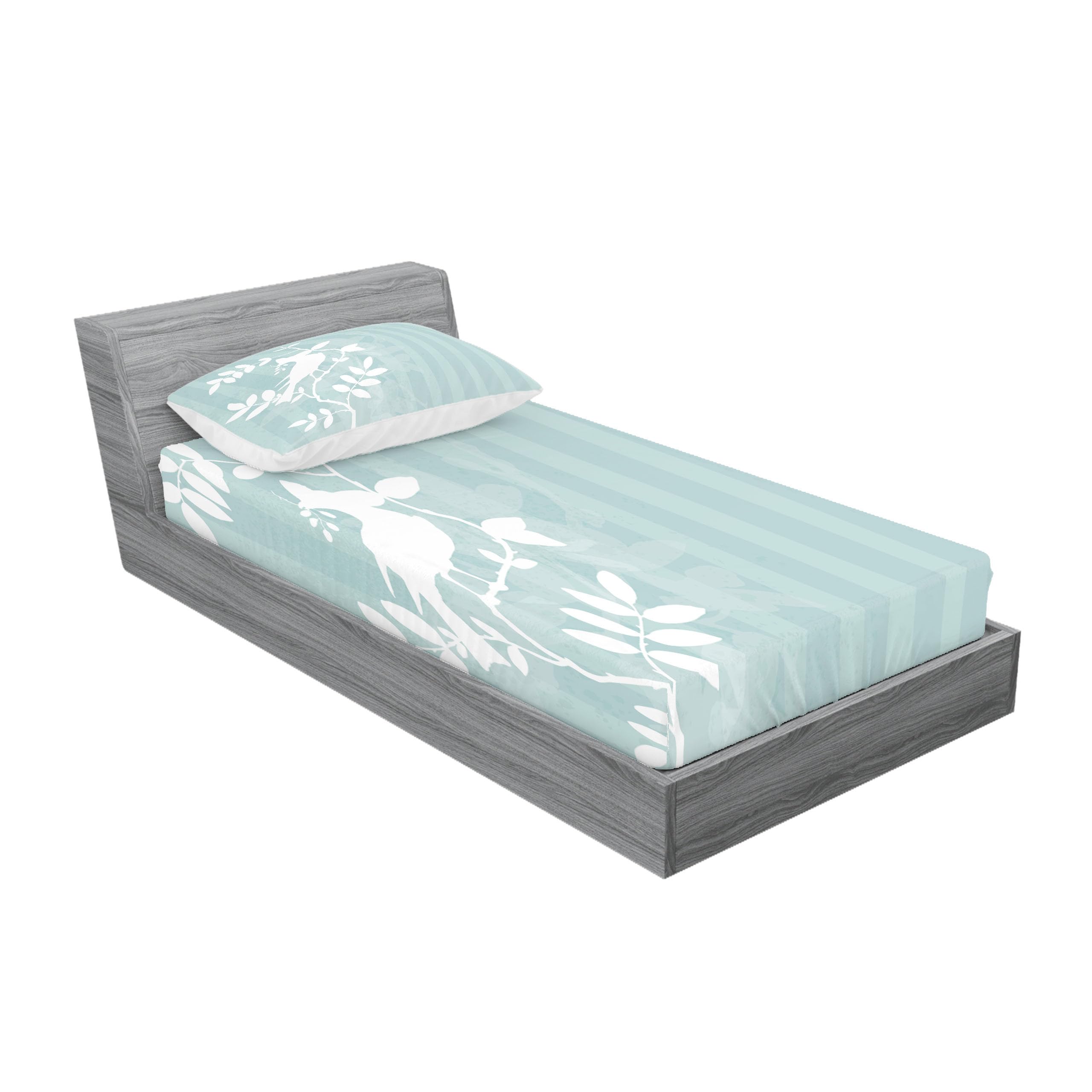 Ambesonne Nature Fitted Sheet & Pillow Sham Set - Bird Silhouette on Tree Branch with Striped Summer Print, 2-Piece Decorative Bedding Set for Twin XL, Turquoise & White - Perfect for Summer Bedroom Decor & Guest Room Styling