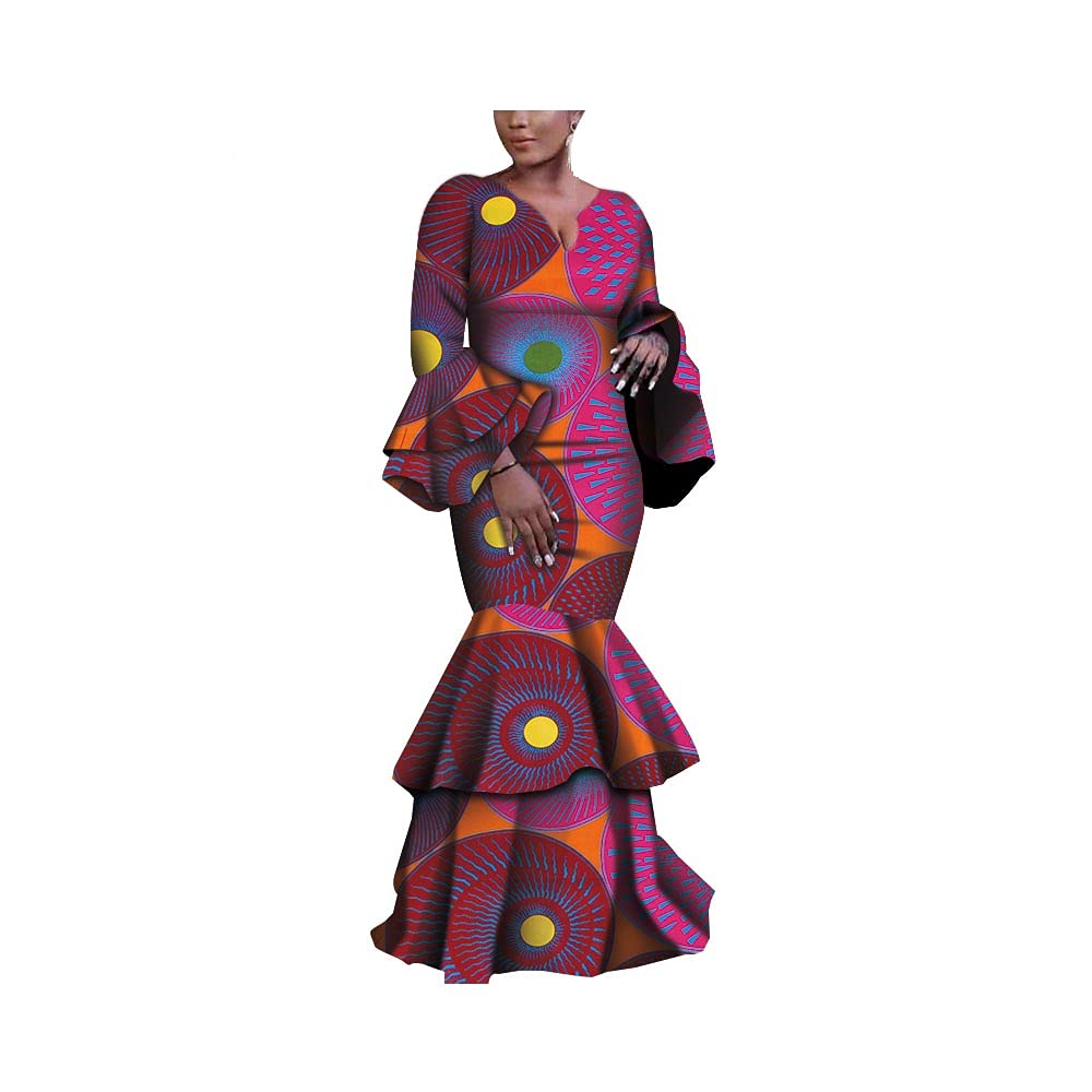 BAZINRICHE African Print Women's Wedding Party Dress - Long Sleeve V-Neck Bridesmaid Gown for Special Occasions | Perfect for Ceremonies, Cultural Events & Evening Parties