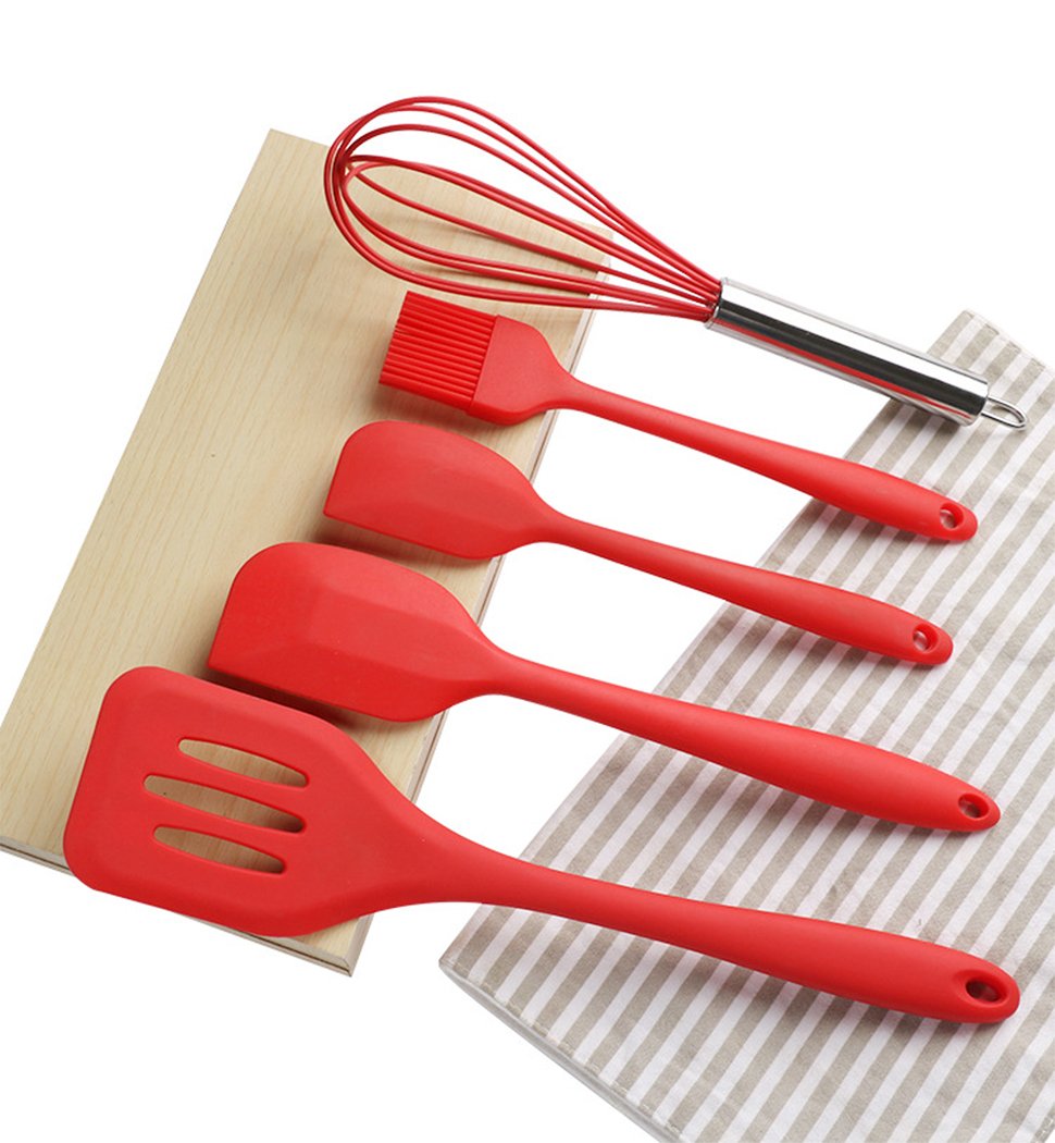 5-Piece Silicone Kitchen Utensil Set - Heat-Resistant Spatula, Brush & Cooking Tools - Non-Stick, Dishwasher Safe - Perfect for Baking, Frying & Everyday Cooking (Red)
