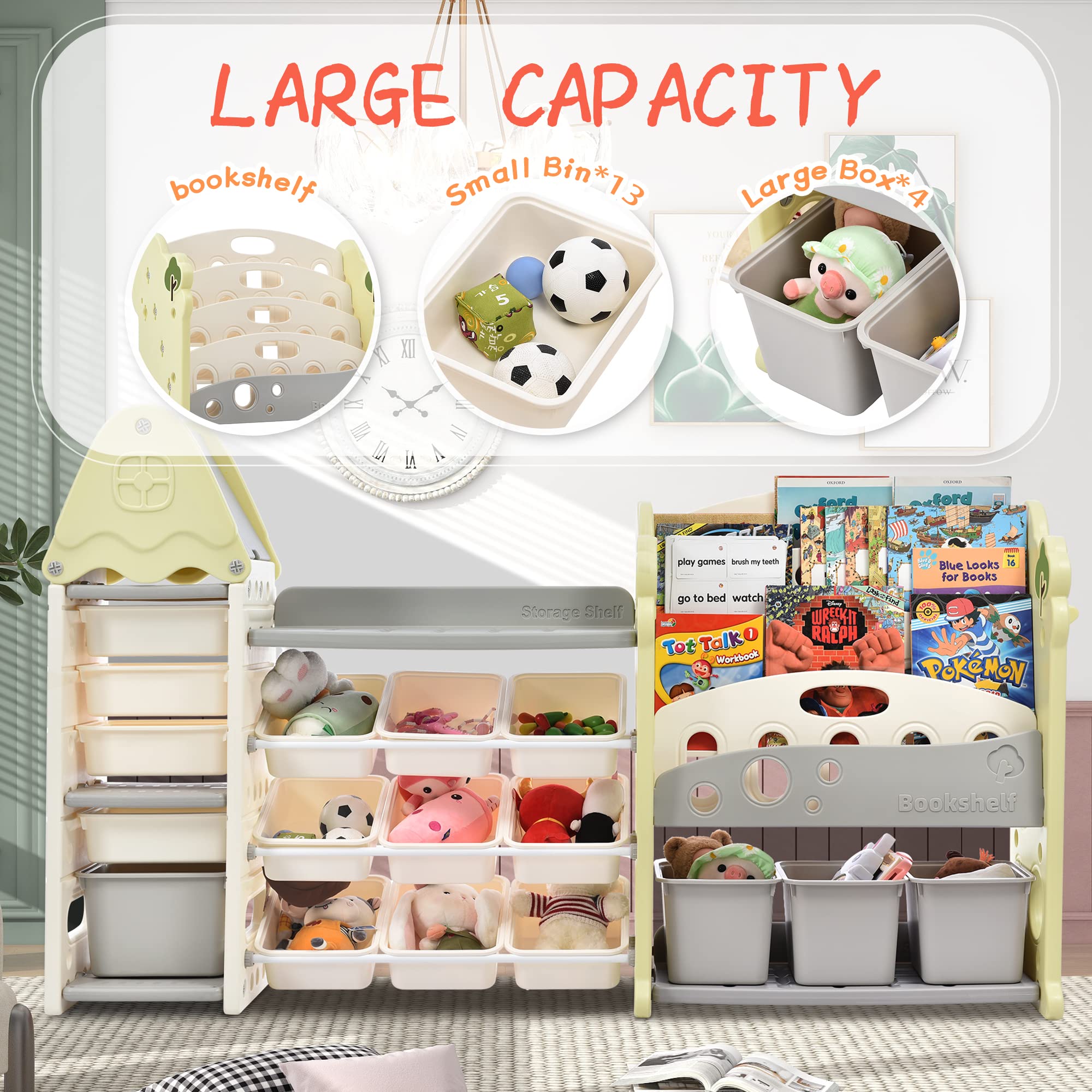 **Merax 5-Tier Kids Toy Storage Organizer with 17 Bins & Bookshelf - All-in-One Green Toy Shelf for Bedroom, Playroom, Living Room - Perfect for Organizing Toys, Books & Kids' Room Decor**