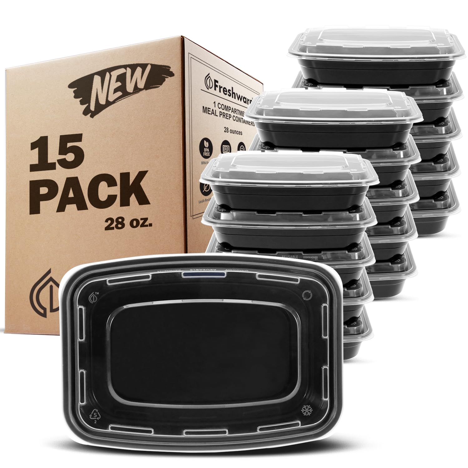 Freshware 15-Pack Meal Prep Containers with Lids | BPA-Free Bento Box | Stackable Food Storage Containers | Microwave, Dishwasher & Freezer Safe (28 oz, Color May Vary) | Perfect for Meal Prepping, Lunch Boxes & Leftovers Storage