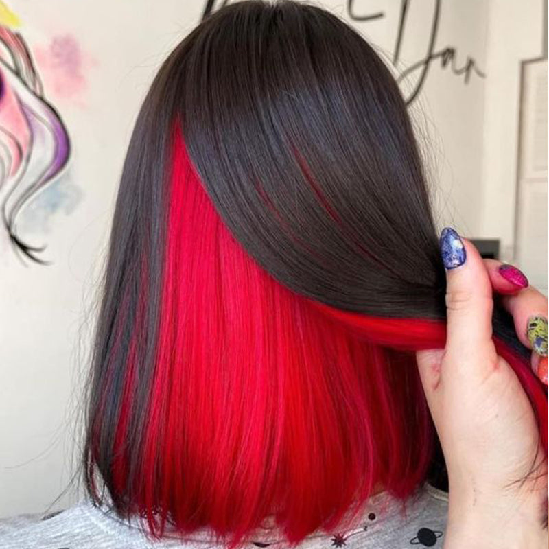 Eullair Peakaboo Highlights Colored Short Bob Wig - Inner Red/Pink/Blue/Green/Blonde Straight Human Hair Lace Frontal Wig for Cosplay, Halloween, Costume Parties & Daily Fashion