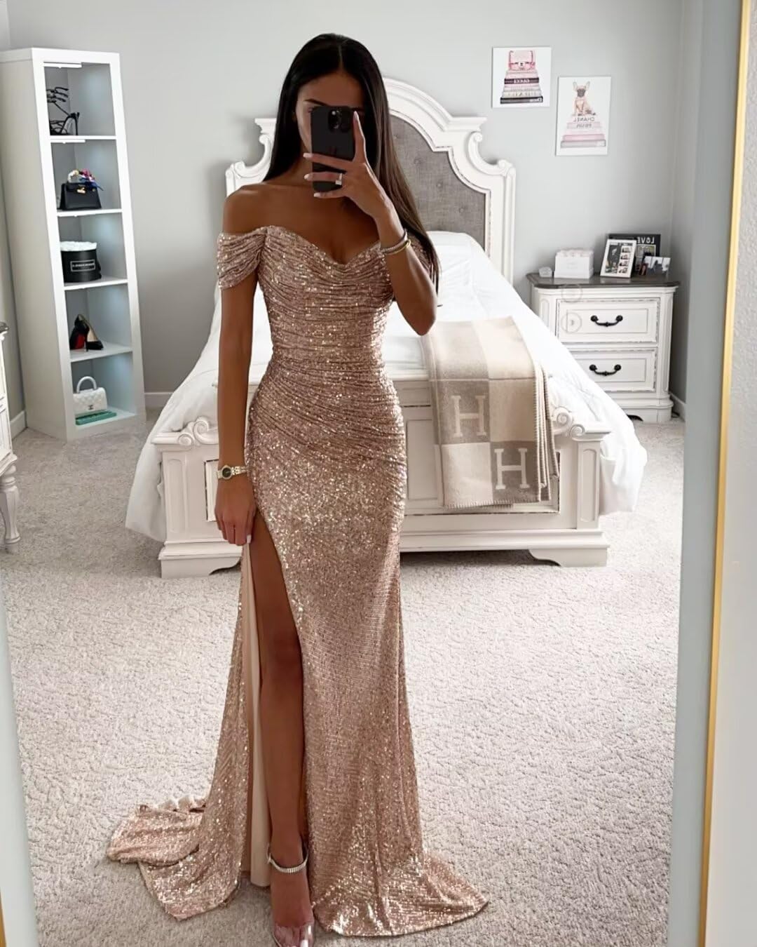 Sparkly Sequins Mermaid Prom Dresses for Women - Elegant Off Shoulder Long Formal Gown with High Slit, Perfect for Bridesmaid, Evening Party & Special Occasions