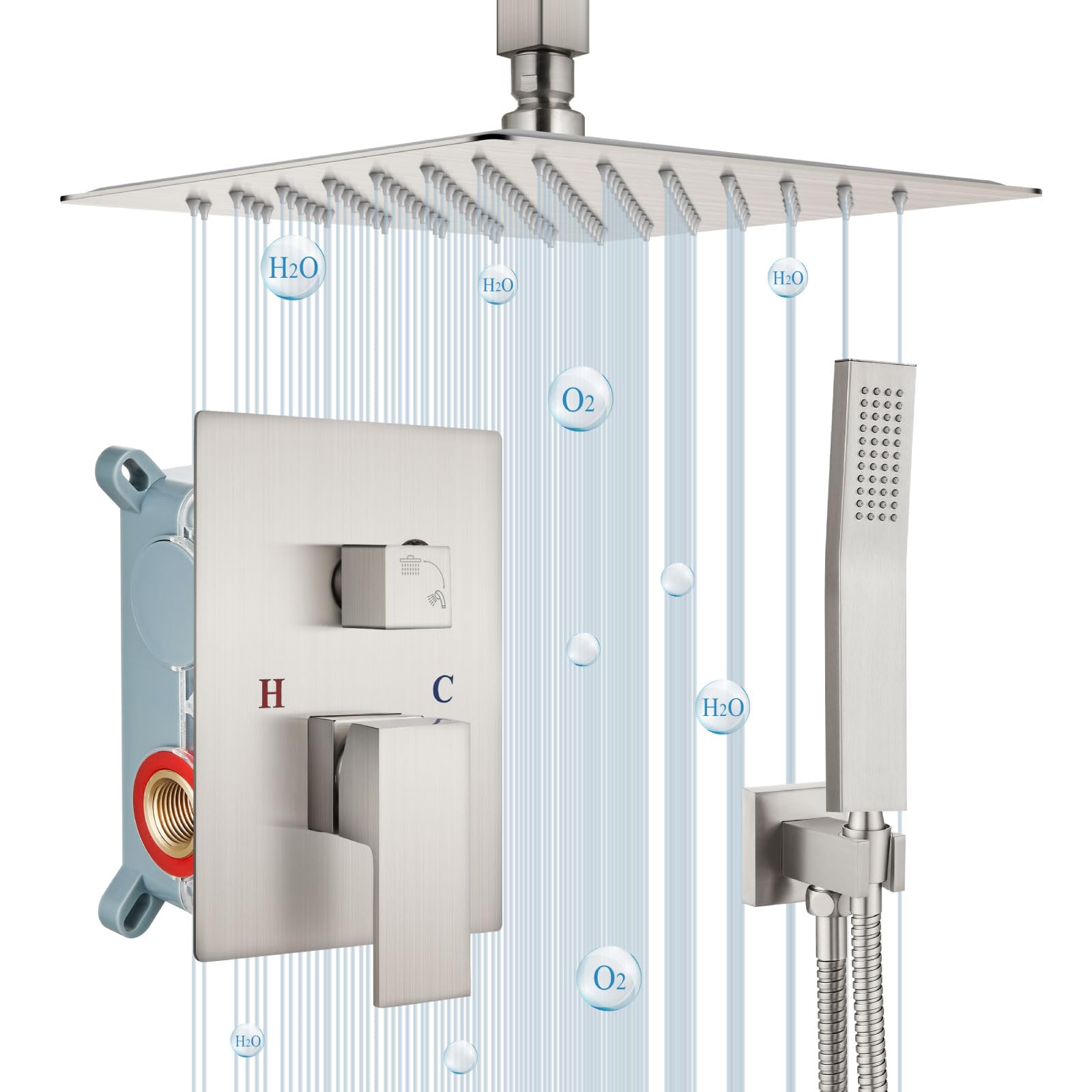 Airuida Brushed Nickel Ceiling Mount Shower System - 10 Inch Square Rainfall Shower Head with 2-Function High Pressure Combo, Brass Rough-in Valve & Handheld Shower Faucet Set for Luxurious Spa-Like Bathroom Experience