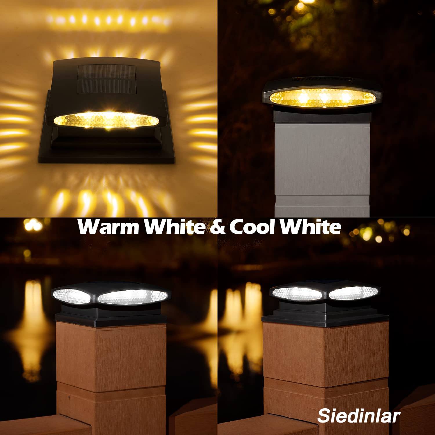 SIEDiNLAR 12 Pack Solar Post Cap Lights Outdoor - 24 LED Solar Powered Fence Deck Lights for 4x4 5x5 6x6 Wood Posts - 2 Modes (Warm White & Cool White) - Weatherproof Garden Patio Deck Lighting - Perfect for Backyard, Pathway, and Landscape Decoration