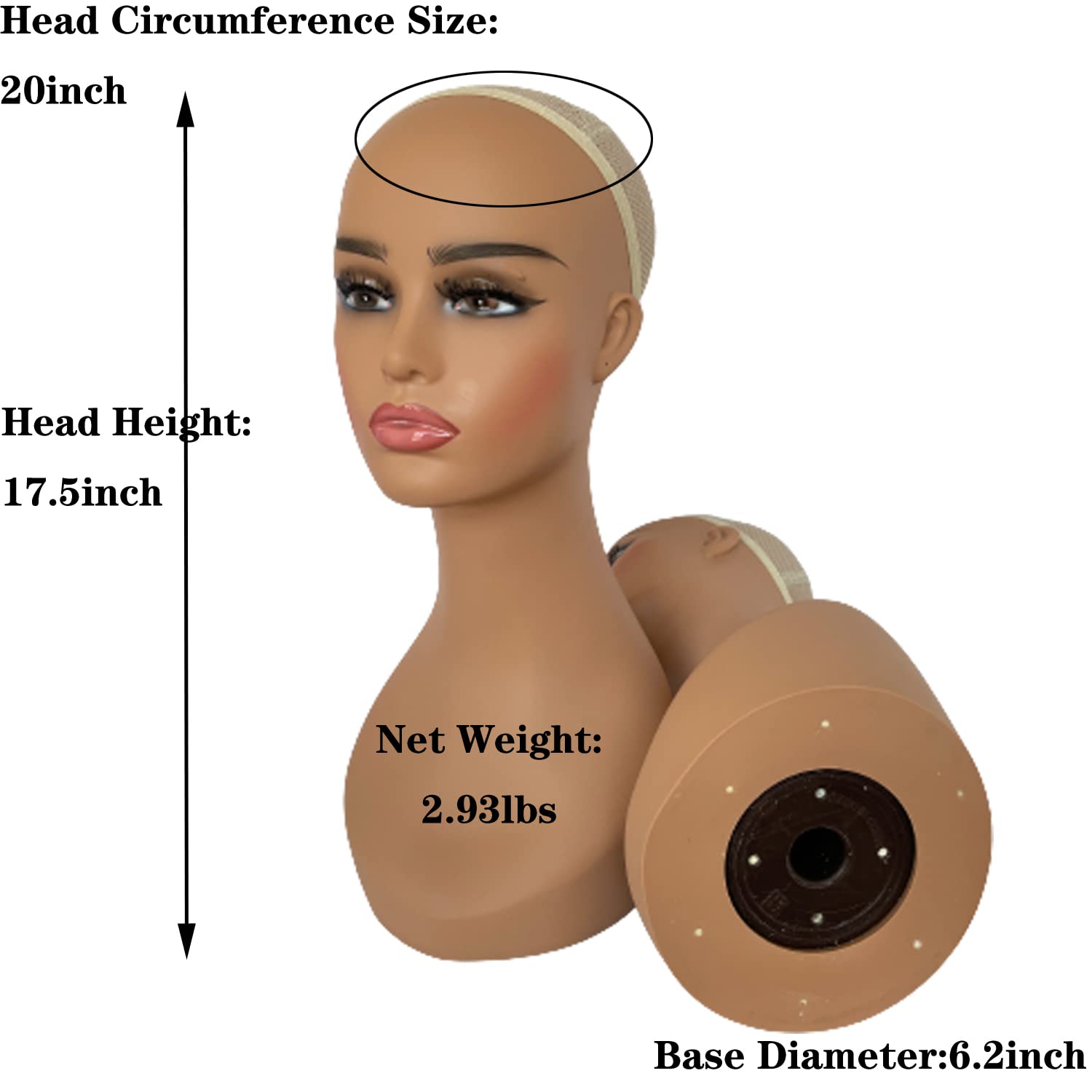 4PCS Realistic Female Mannequin Head with Long Neck - PVC Wig Display Stand for Wigs, Hats, Sunglasses & Jewelry (Light Brown) - Perfect for Salon, Beauty School & Home Styling Practice