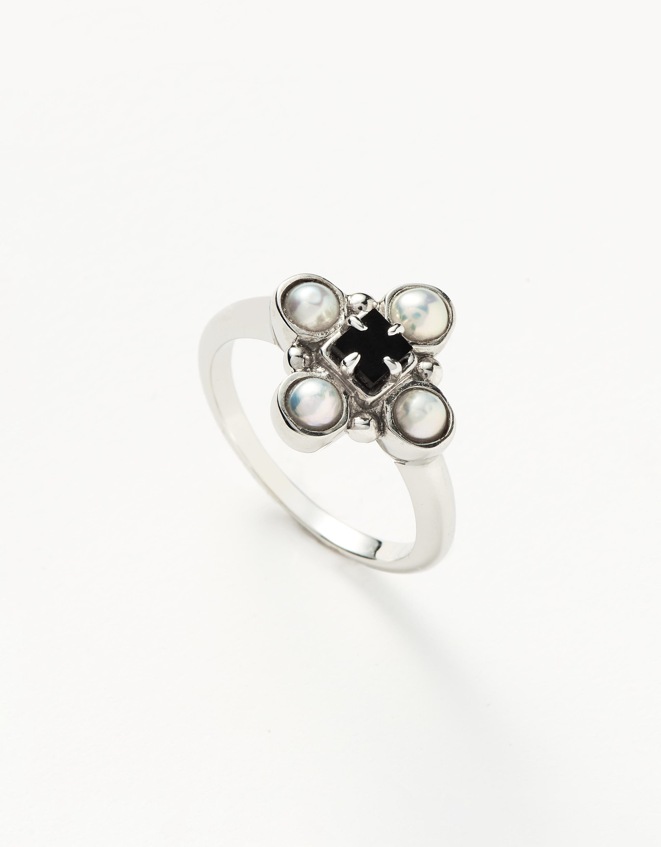 Harris Reed Quartet Ring - Sterling Silver with Pearl & Black Onyx Gemstones | Elegant Stackable Ring for Women, Perfect for Weddings, Anniversaries & Special Occasions