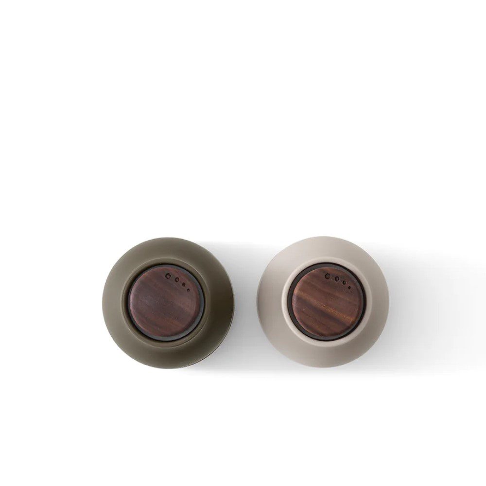 Premium AUDO CPH Salt and Pepper Grinder Set - Small Hunting Green/Beige with Walnut Wood Lid - Adjustable Ceramic Spice Mill for Kitchen, Camping & Outdoor Cooking