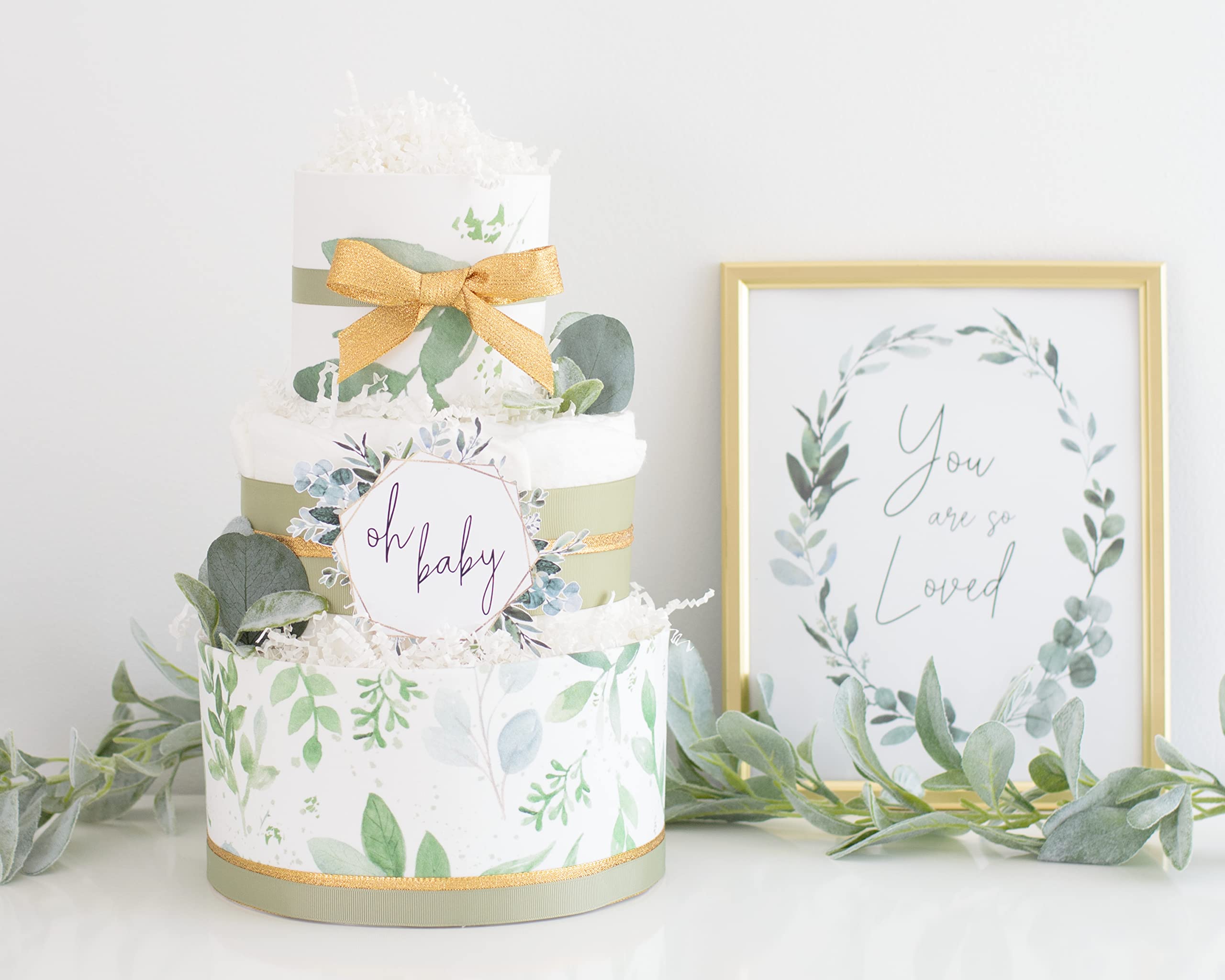 Gender Neutral Greenery Diaper Cake - Unique Baby Shower Gift & Decoration Centerpiece for Newborn Celebrations - Perfect for Baby Showers, Gender Reveals & Nursery Decor (Classic Green Design)