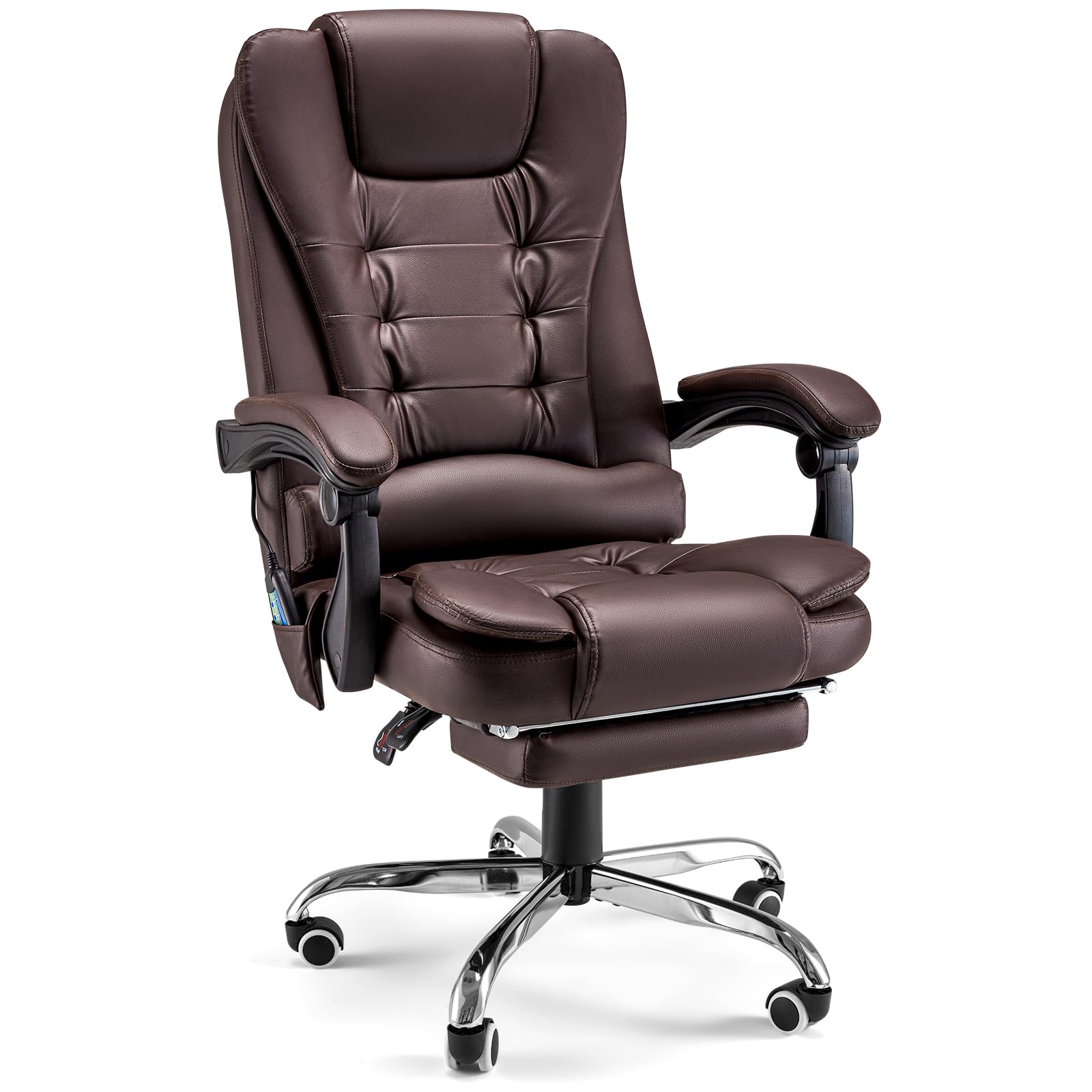 YODOLLA Ergonomic 7-Point Massage Office Chair with Heating - Brown Leather Reclining Computer Desk Chair with High Back & Retractable Footrest - Perfect for Home Office, Gaming & Workspace Comfort