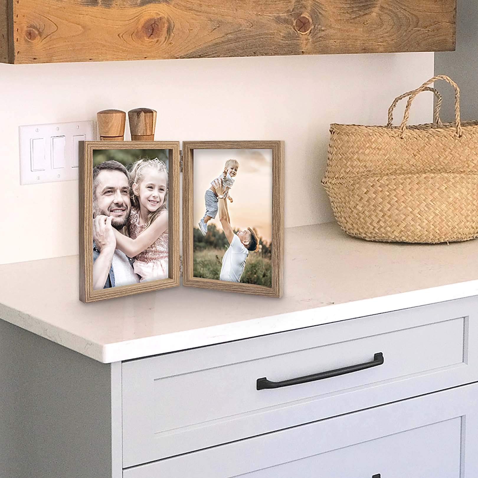 4x6 Double Hinged Picture Frames - Wood Grain MDF with Glass Front - Tabletop Vertical Standing Photo Frame for Home Decor, Office Display, and Gift Giving