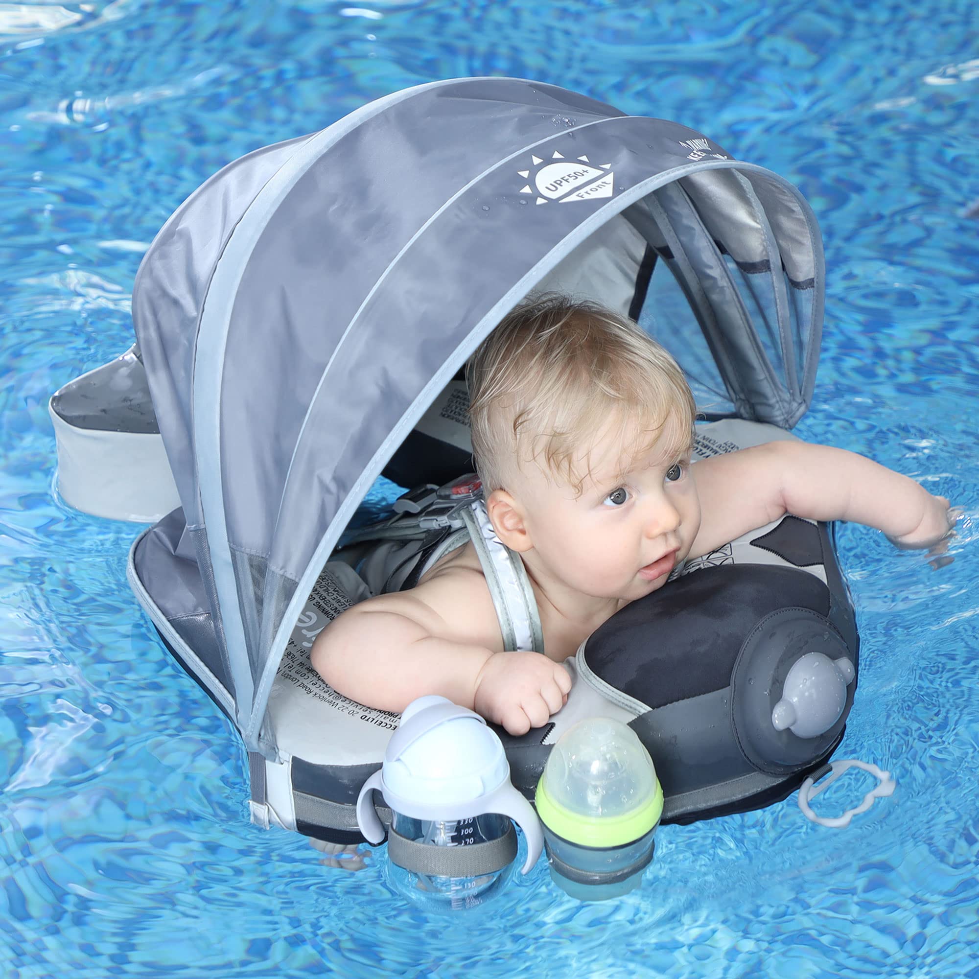 Upgraded Mambobaby Float with Canopy & Adjustable Safety Strap - Non-Inflatable Infant Swim Trainer Waist Ring for Babies (Grey Airplane) - Perfect for Pool, Beach & Water Safety Training
