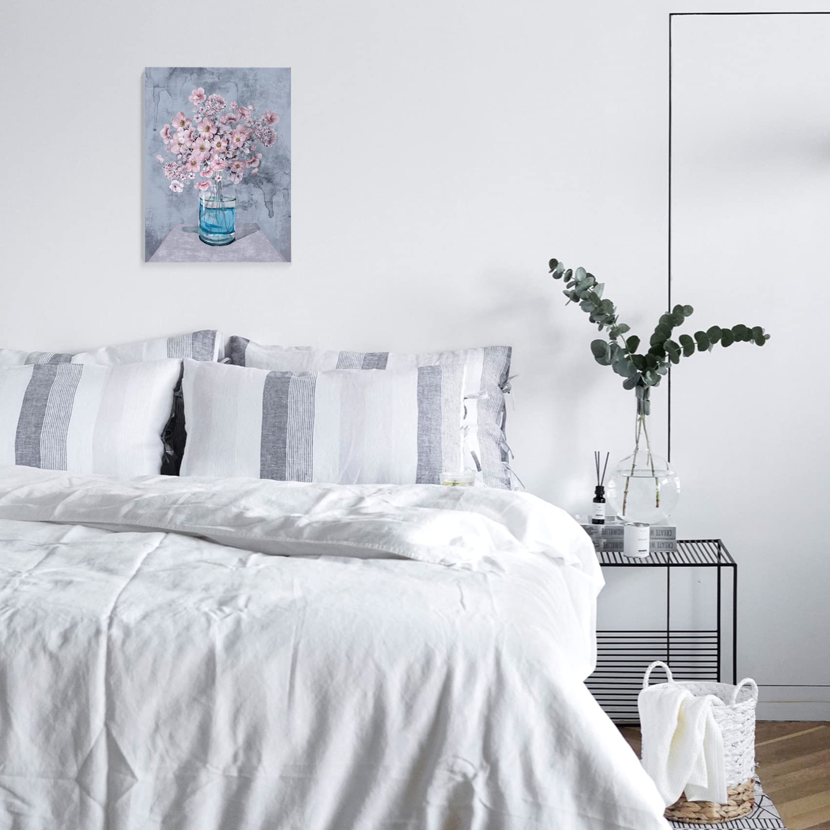 Pink Flowers Canvas Wall Art - 12x16 Framed Decor for Bedroom, Bathroom & Office