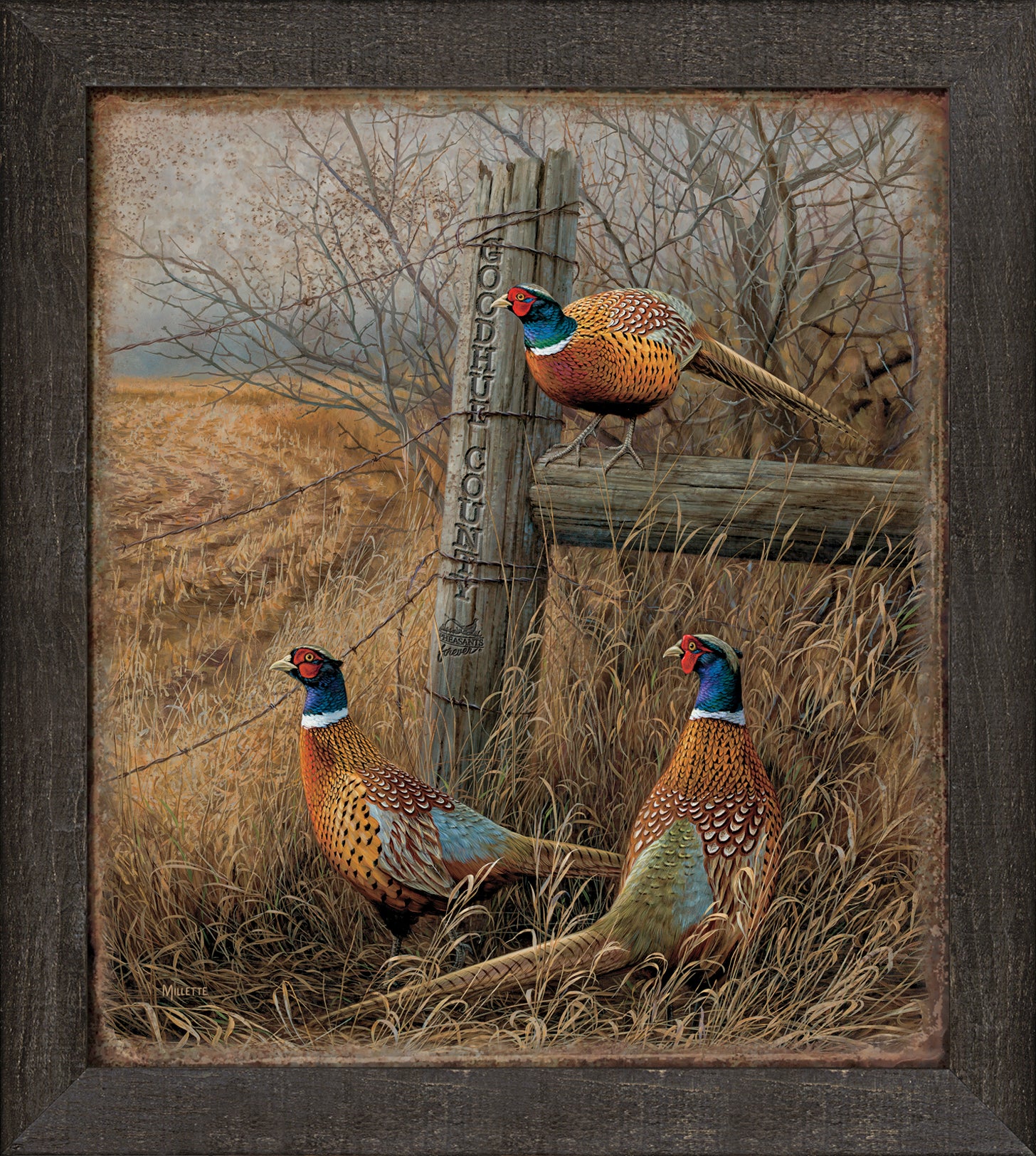 Vintage Pheasant Hunting Tin Sign - Rustic Abandoned Fenceline Decor for Man Cave, Bar, or Country Home