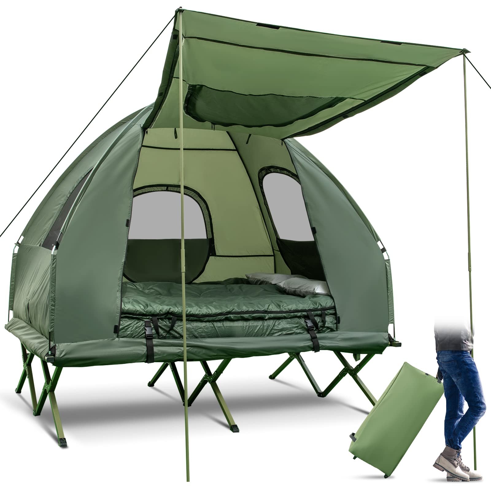 GYMAX 5-in-1 Elevated Tent Cot with Sunshade - Portable Camping Bed with Air Mattress, Sleeping Bag & Pillow - Perfect for Outdoor Camping, Hiking, Fishing & Picnics - Includes Carry Bag for Easy Transport