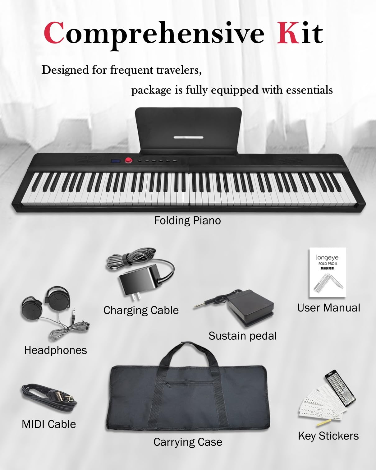 88-Key Foldable Digital Piano Keyboard - Portable Electric Piano with Semi-Weighted Keys, Headphone Jack, Sustain Pedal & Carry Case - Perfect for Beginners, Travel & Home Practice (Enhanced Sound Quality)