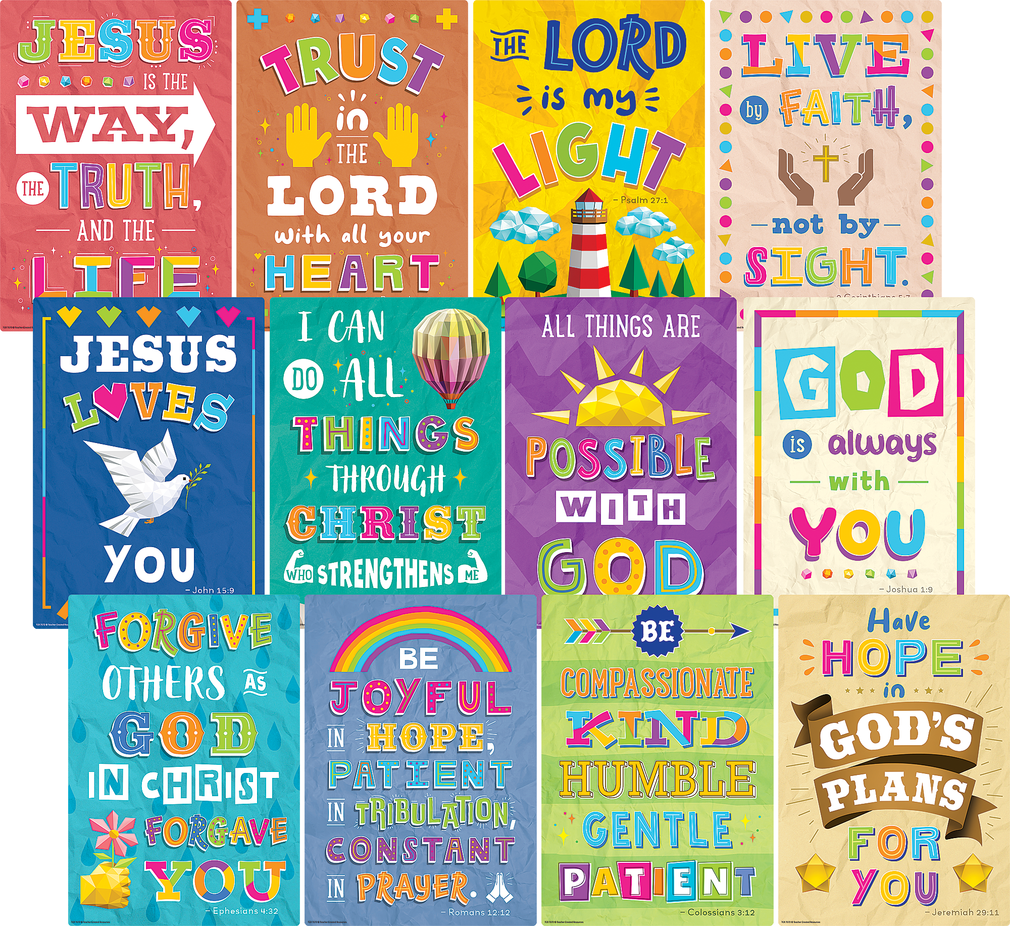 Inspirational Bible Verses Small Poster Pack - Set of 12 Motivational Scripture Wall Art Prints for Home, Office & Church Decor