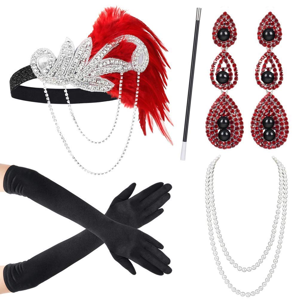 1920s Gatsby Flapper Costume Accessories Set for Women - Headband, Necklace, Gloves & Cigarette Holder - Perfect for Roaring 20s Parties, Halloween Costumes & Vintage Themed Events